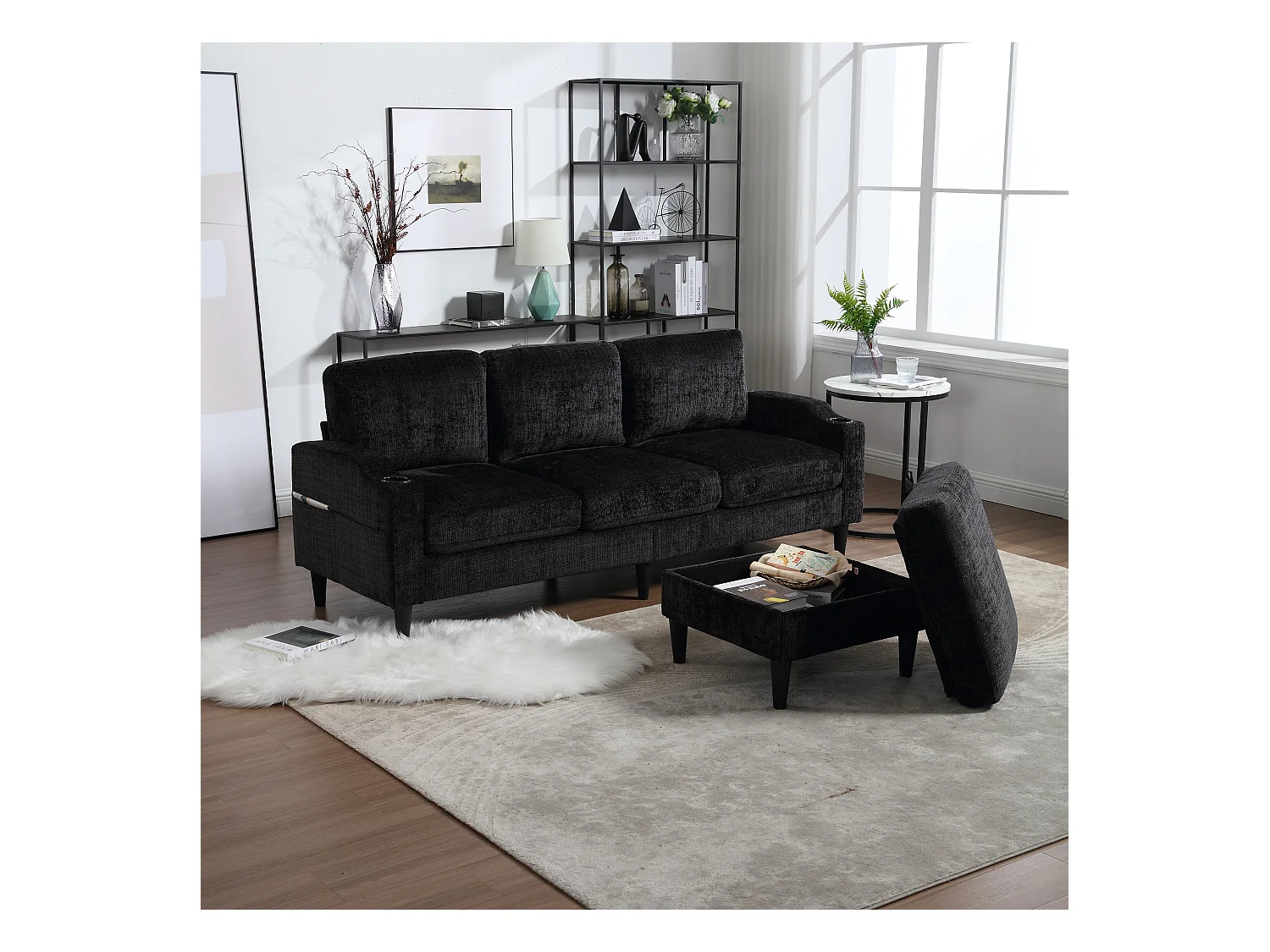 Canapé avec repose-pieds 4 places - 196.5 x 75 x 77 cm - avec rangement + accoudoirs - velours - noir