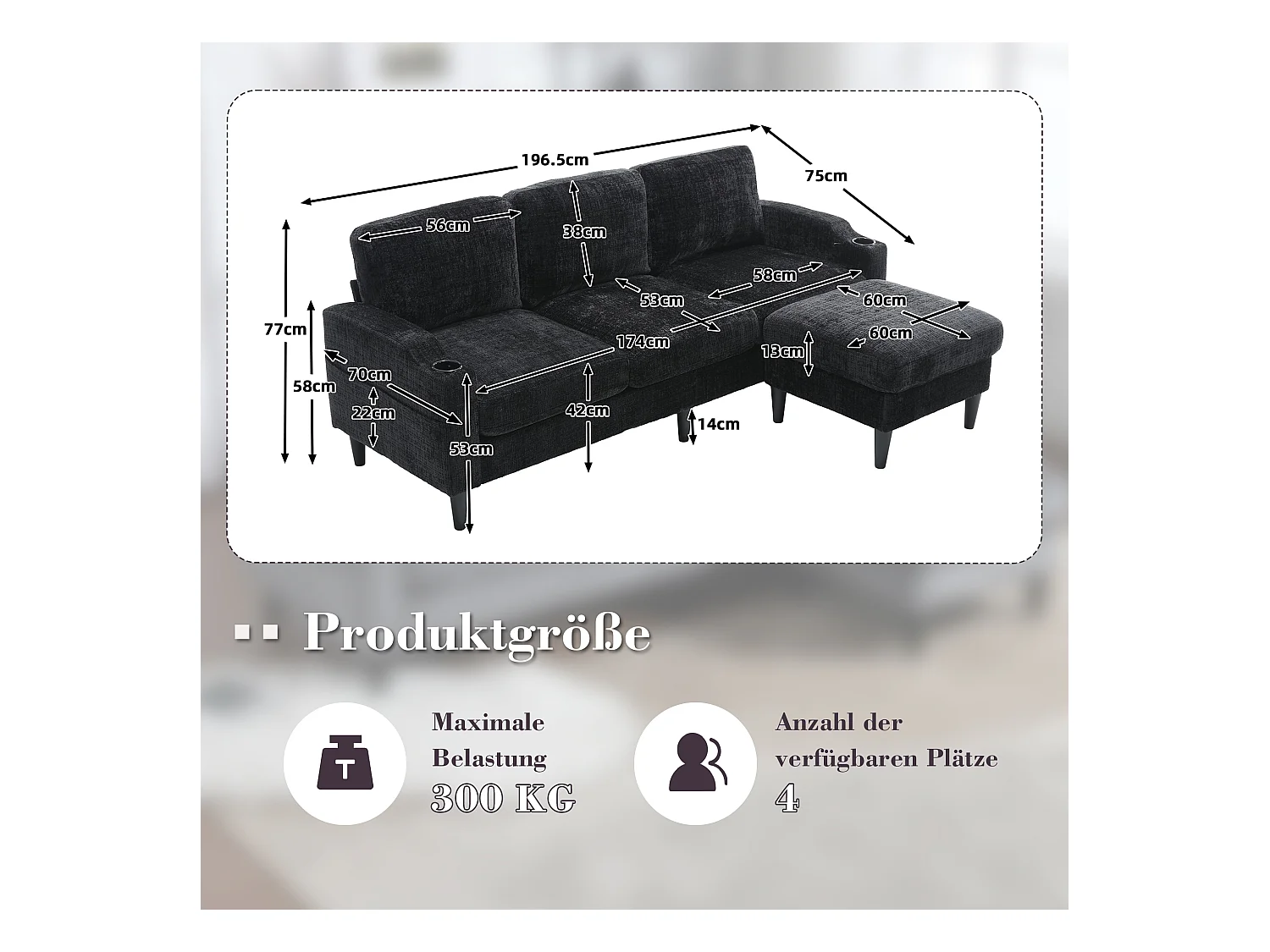 Canapé avec repose-pieds 4 places - 196.5 x 75 x 77 cm - avec rangement + accoudoirs - velours - noir