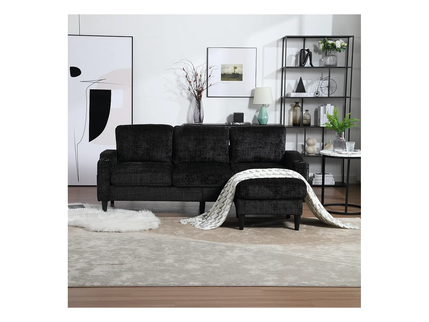 Canapé avec repose-pieds 4 places - 196.5 x 75 x 77 cm - avec rangement + accoudoirs - velours - noir