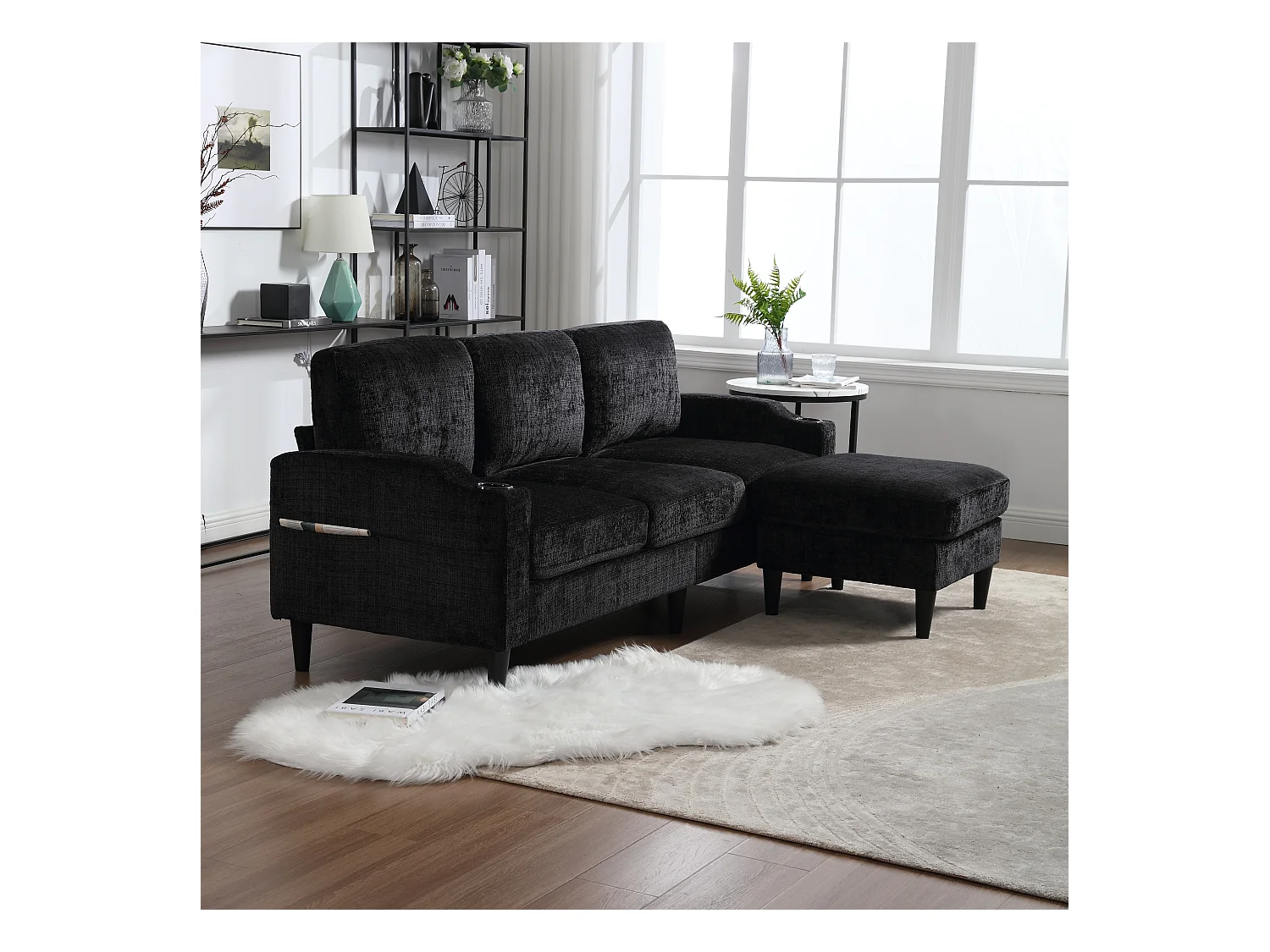 Canapé avec repose-pieds 4 places - 196.5 x 75 x 77 cm - avec rangement + accoudoirs - velours - noir
