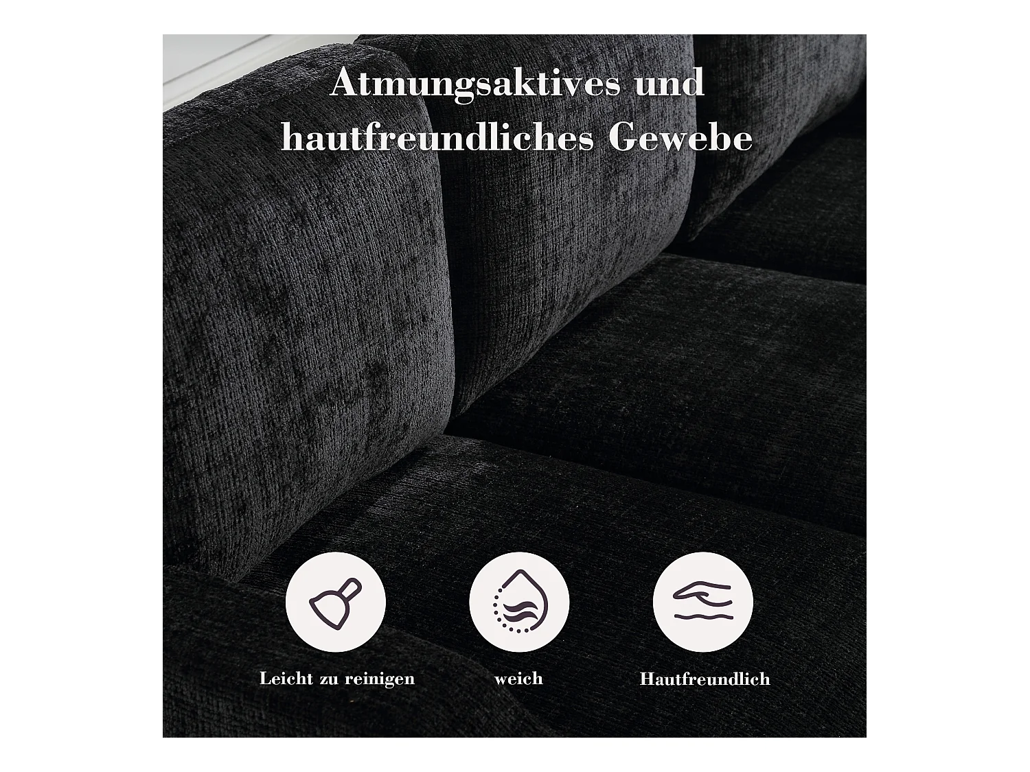 Canapé avec repose-pieds 4 places - 196.5 x 75 x 77 cm - avec rangement + accoudoirs - velours - noir