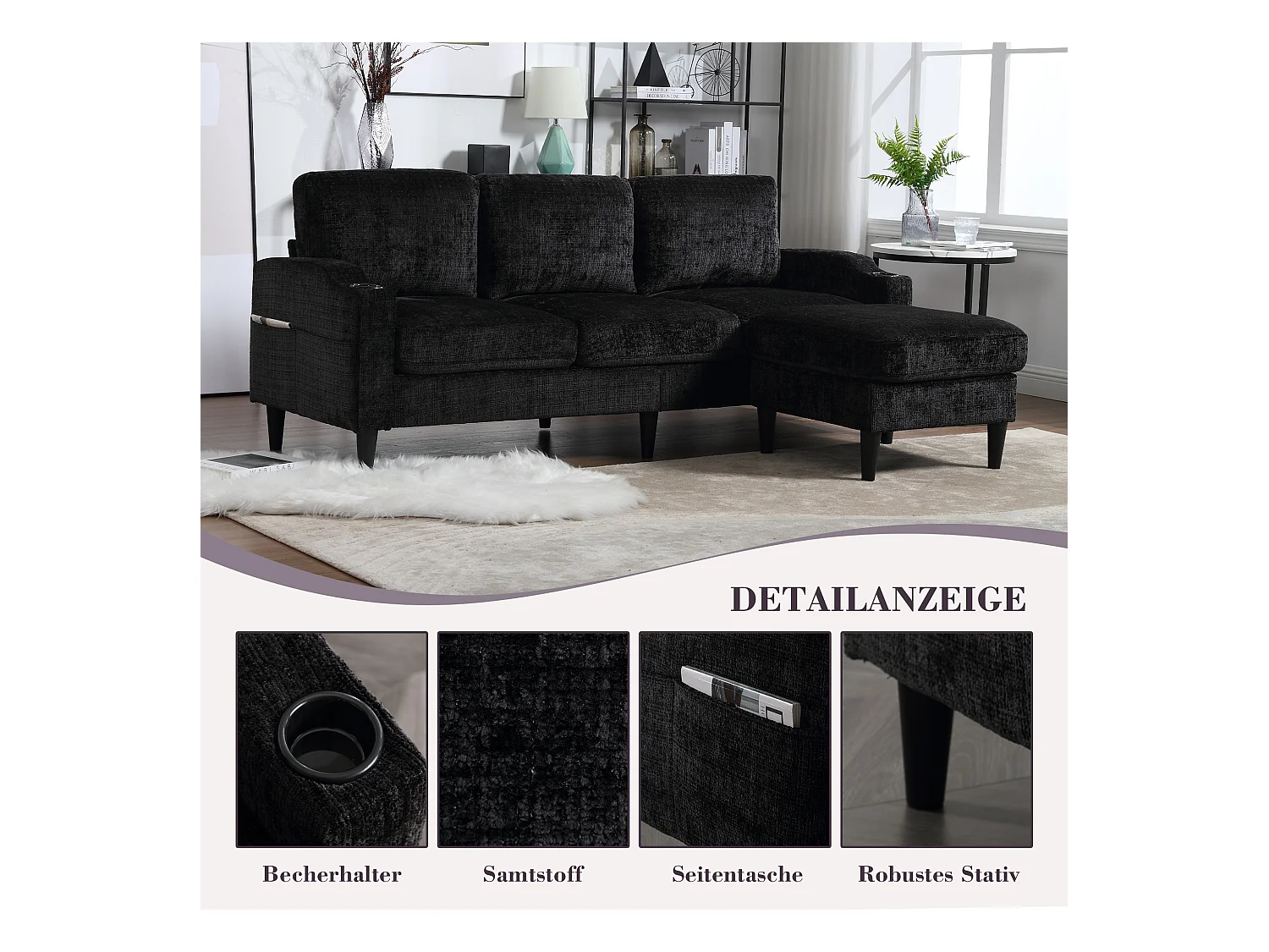 Canapé avec repose-pieds 4 places - 196.5 x 75 x 77 cm - avec rangement + accoudoirs - velours - noir