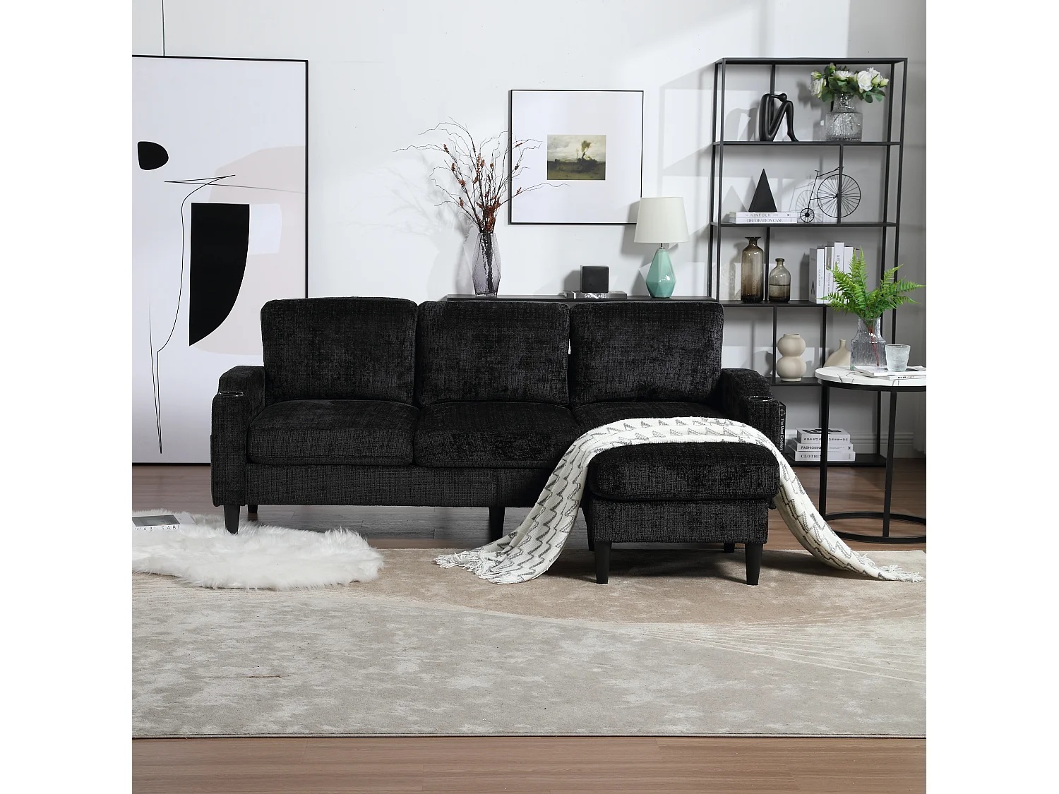 Sofa 4-osobowa z podnóżkiem - 196,5 x 75 x 77 cm - ze schowkiem + podłokietniki - welur - czarna