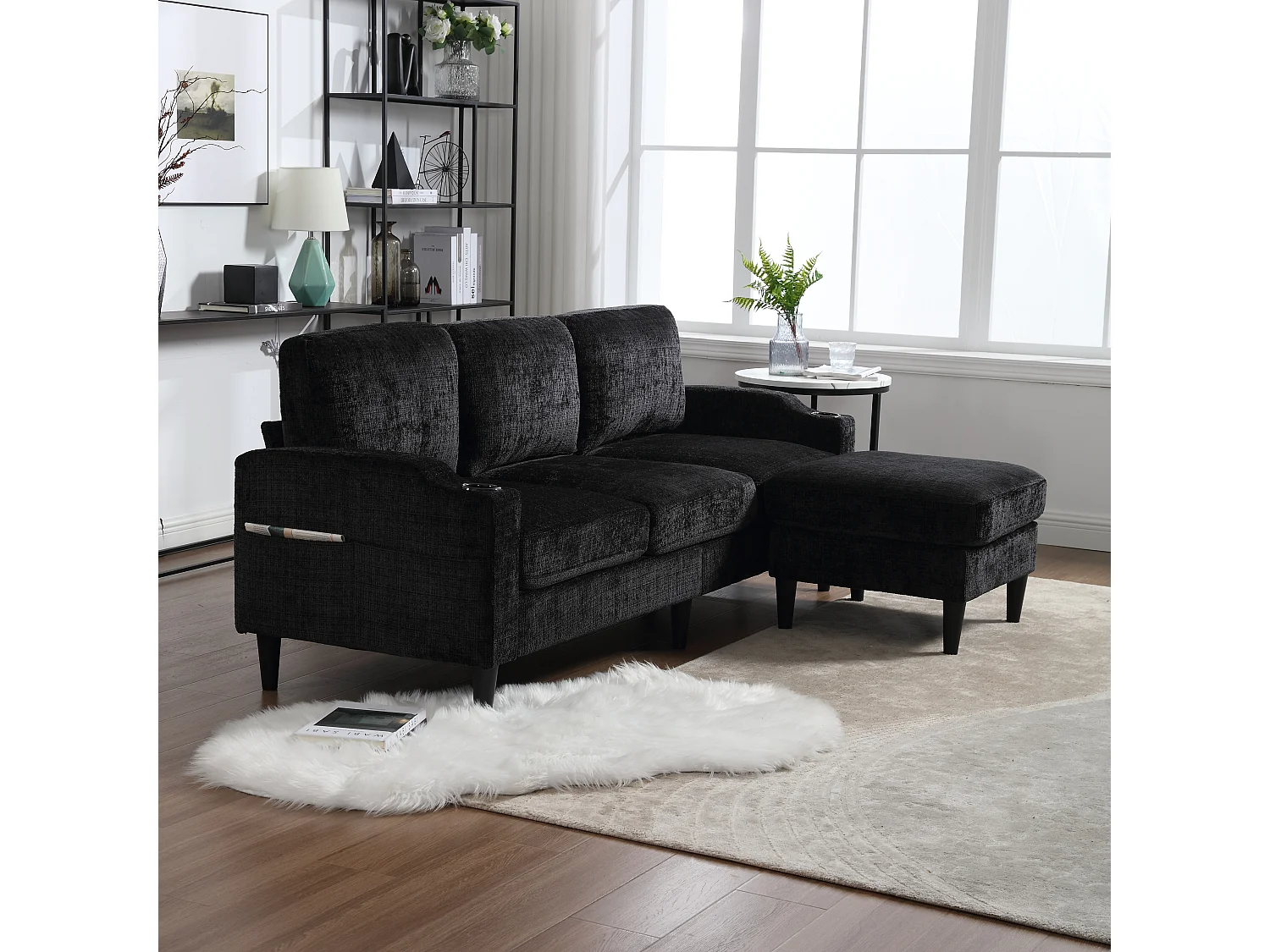 Sofa 4-osobowa z podnóżkiem - 196,5 x 75 x 77 cm - ze schowkiem + podłokietniki - welur - czarna