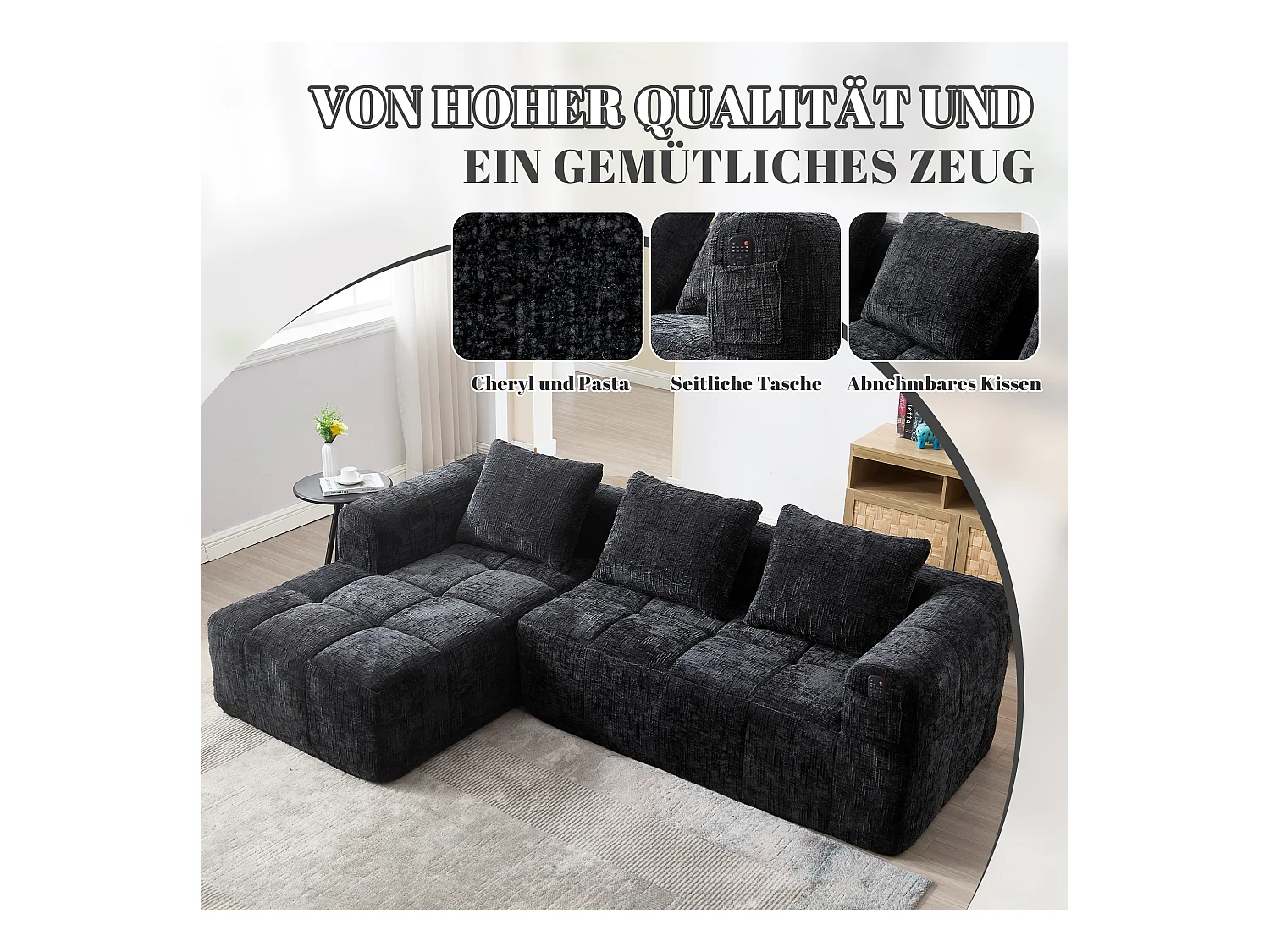 Canapé en L 3 places - 250 x 158 x 60 cm - avec méridienne + accoudoirs + 3 coussins - Chenille - noir