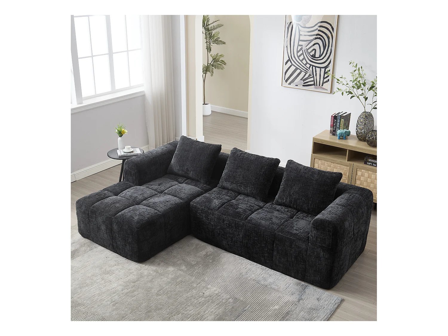 Canapé en L 3 places - 250 x 158 x 60 cm - avec méridienne + accoudoirs + 3 coussins - Chenille - noir