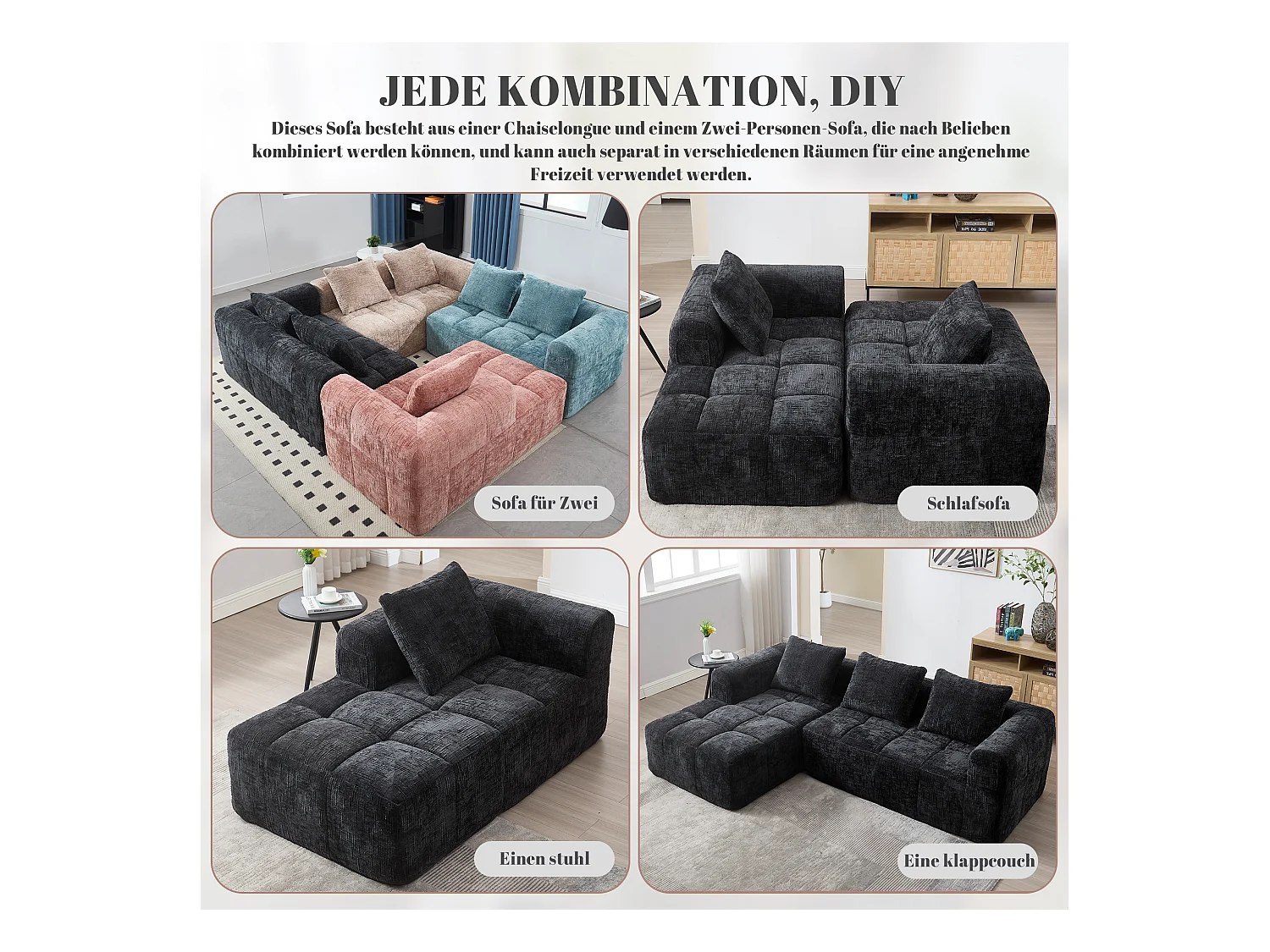 Canapé en L 3 places - 250 x 158 x 60 cm - avec méridienne + accoudoirs + 3 coussins - Chenille - noir