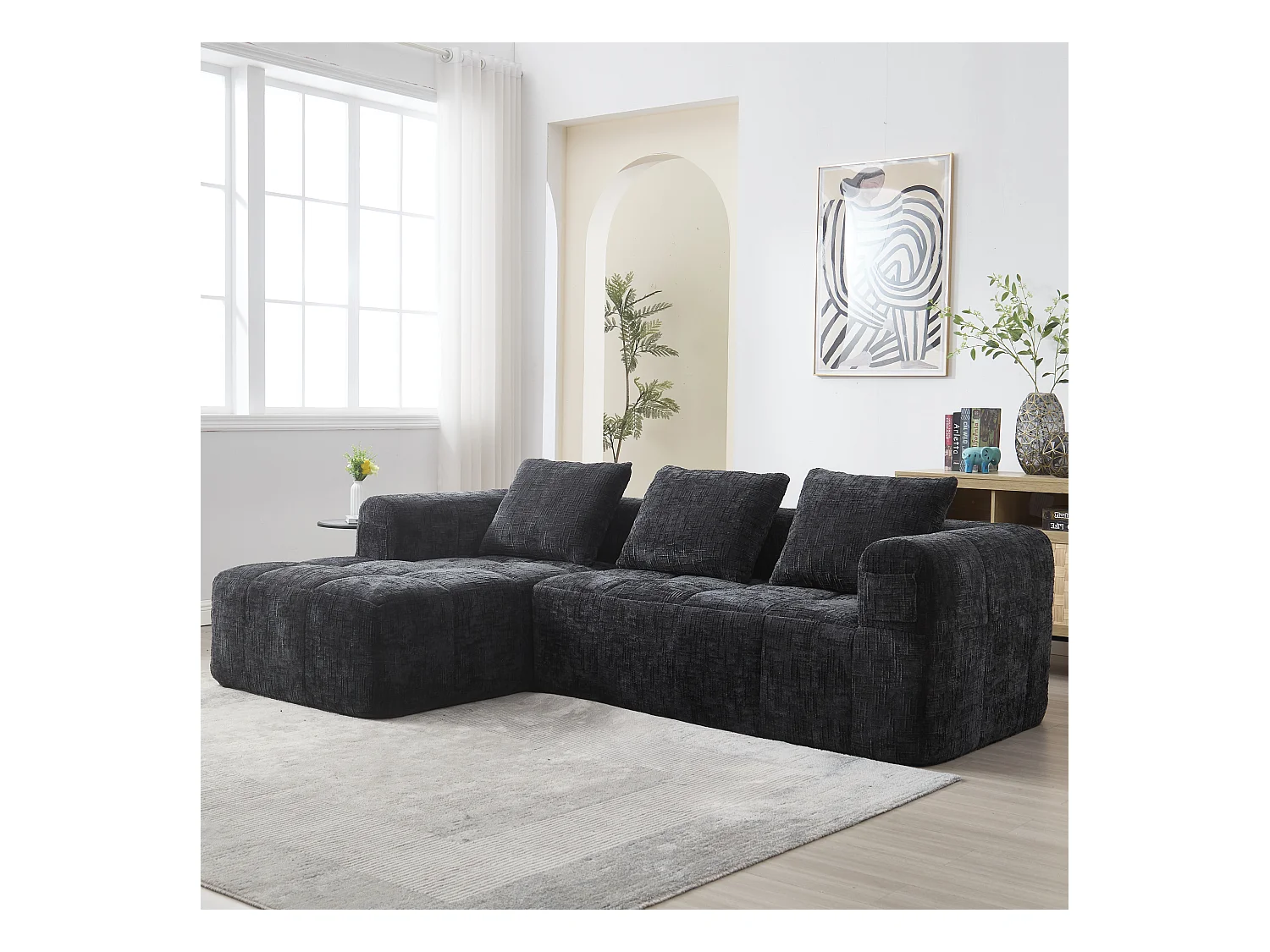 Canapé en L 3 places - 250 x 158 x 60 cm - avec méridienne + accoudoirs + 3 coussins - Chenille - noir