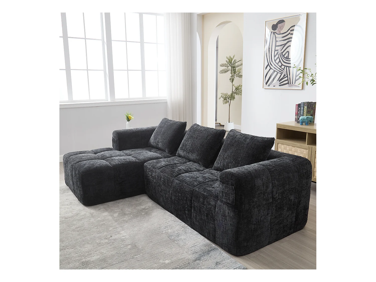 Canapé en L 3 places - 250 x 158 x 60 cm - avec méridienne + accoudoirs + 3 coussins - Chenille - noir