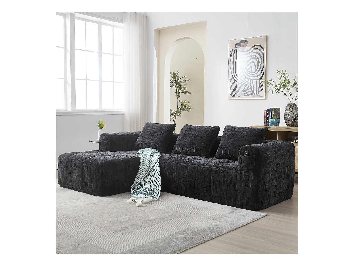 Sofa 3-osobowa w kształcie litery L - 250 x 158 x 60 cm - z szezlongiem + podłokietnikami + 3 poduszkami - Chenille - czarna