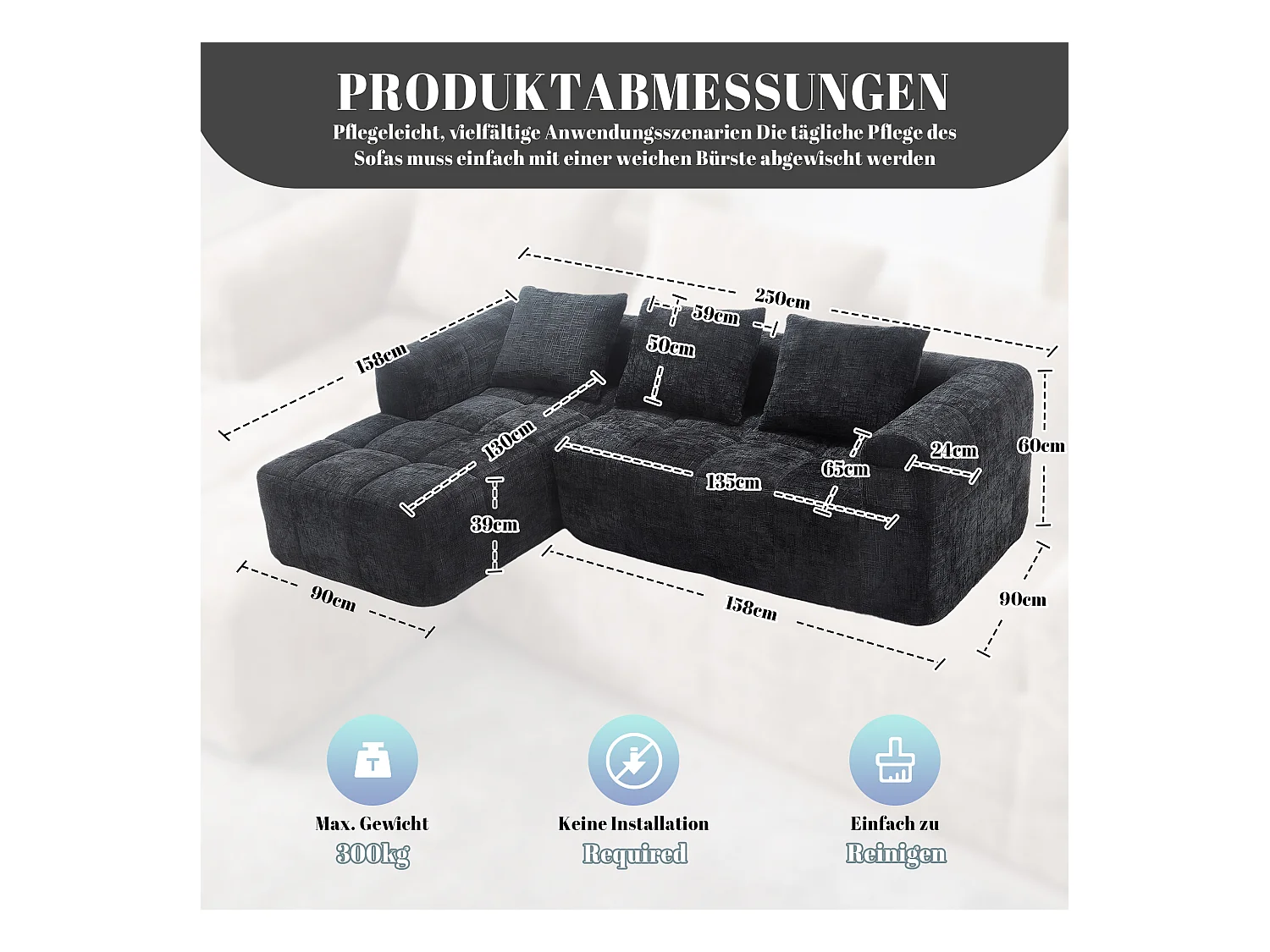 Canapé en L 3 places - 250 x 158 x 60 cm - avec méridienne + accoudoirs + 3 coussins - Chenille - noir