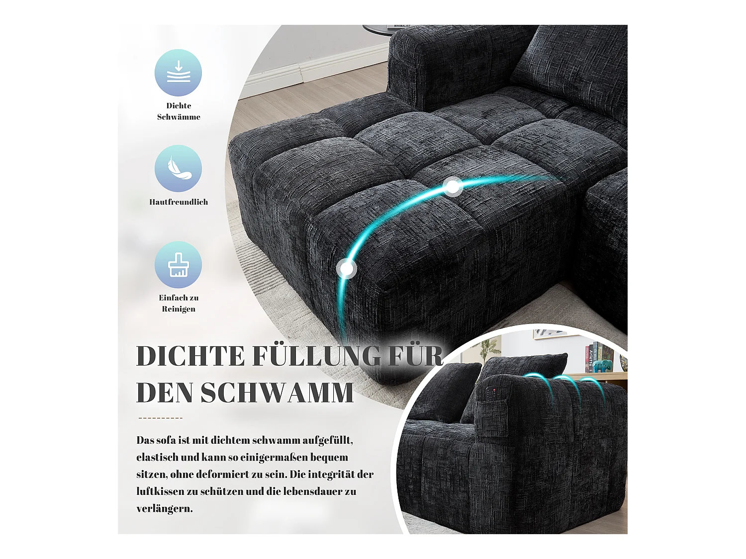 Canapé en L 3 places - 250 x 158 x 60 cm - avec méridienne + accoudoirs + 3 coussins - Chenille - noir