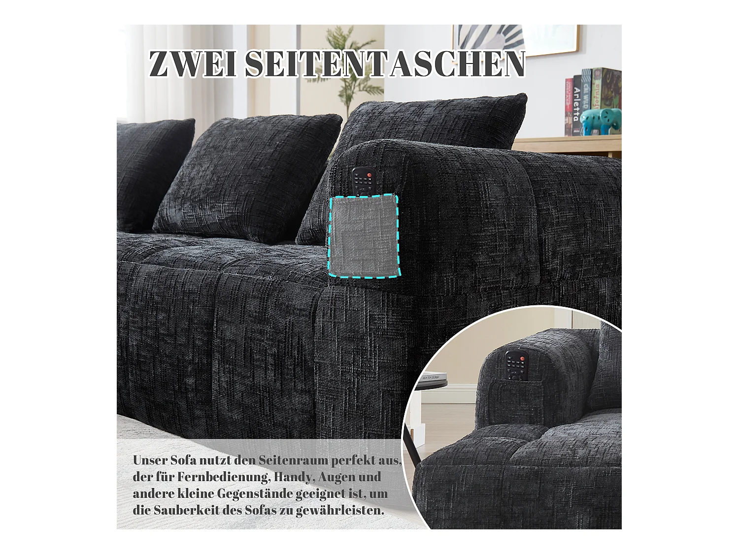 Canapé en L 3 places - 250 x 158 x 60 cm - avec méridienne + accoudoirs + 3 coussins - Chenille - noir