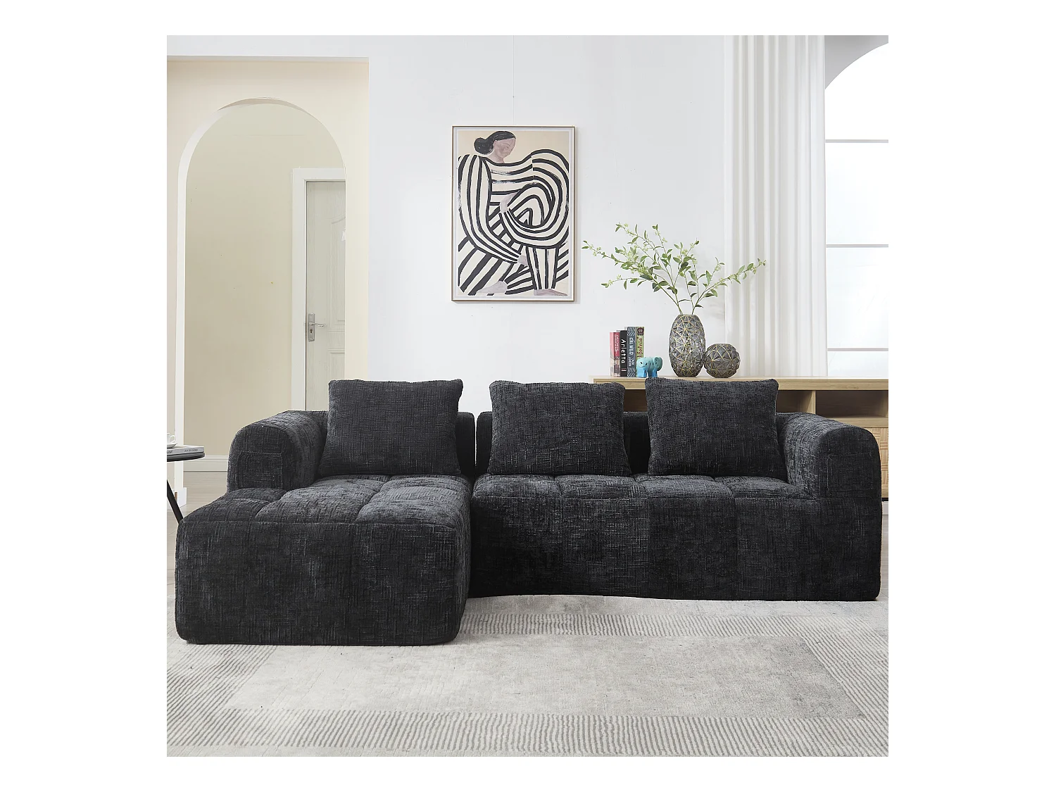 Canapé en L 3 places - 250 x 158 x 60 cm - avec méridienne + accoudoirs + 3 coussins - Chenille - noir