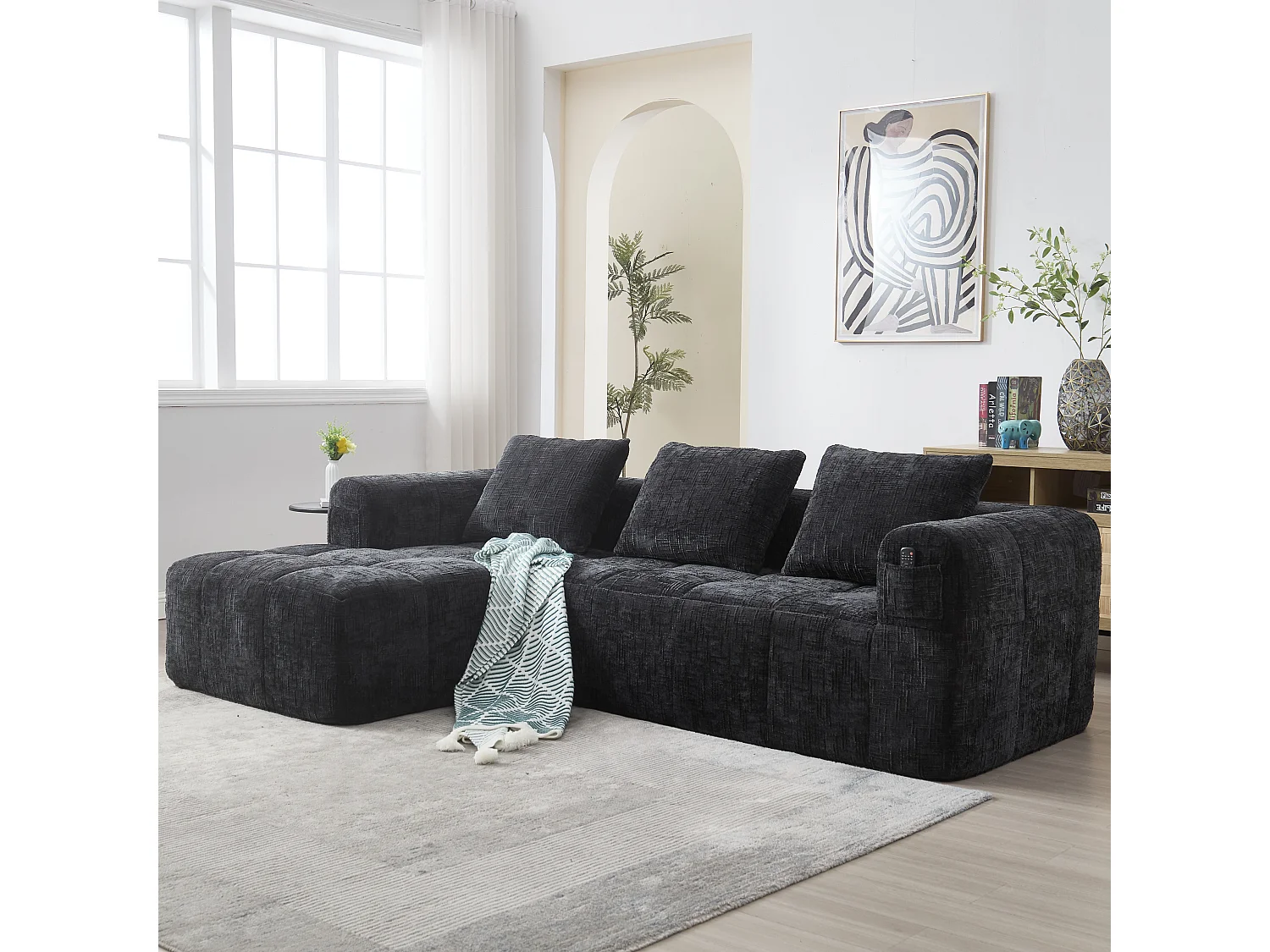 Canapé en L 3 places - 250 x 158 x 60 cm - avec méridienne + accoudoirs + 3 coussins - Chenille - noir