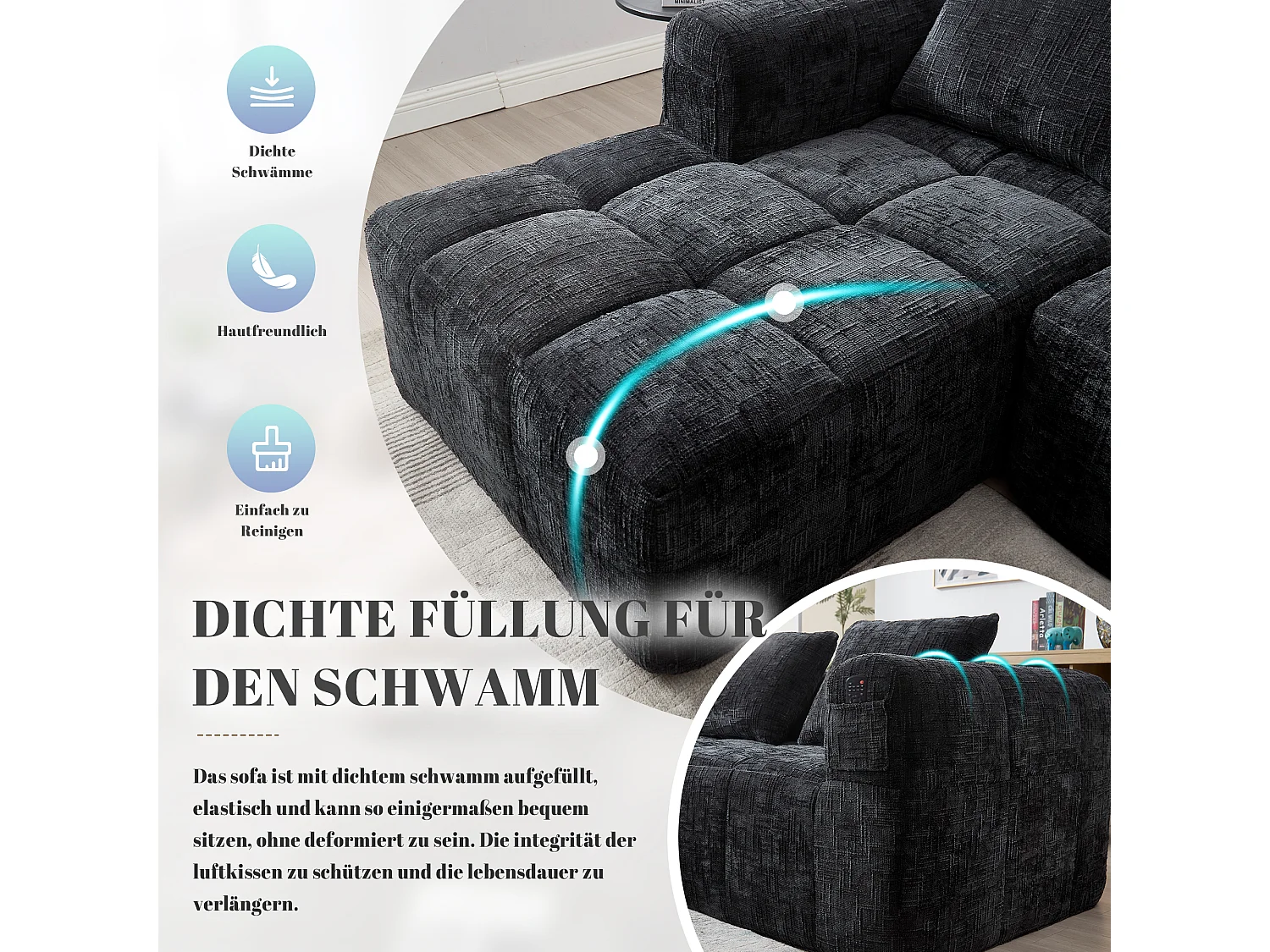 Canapé en L 3 places - 250 x 158 x 60 cm - avec méridienne + accoudoirs + 3 coussins - Chenille - noir