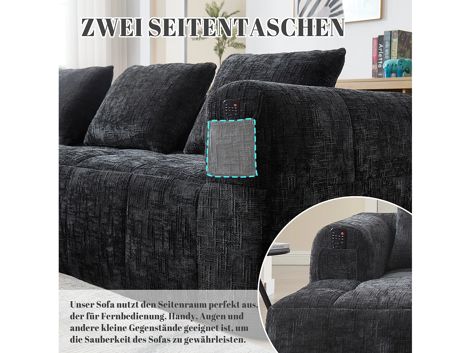 Canapé en L 3 places - 250 x 158 x 60 cm - avec méridienne + accoudoirs + 3 coussins - Chenille - noir