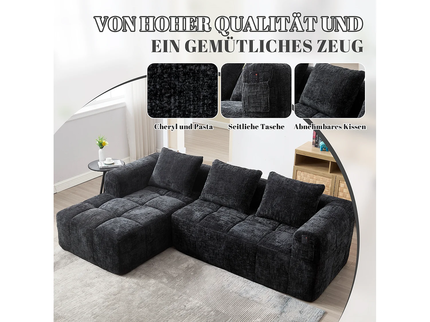 Canapé en L 3 places - 250 x 158 x 60 cm - avec méridienne + accoudoirs + 3 coussins - Chenille - noir