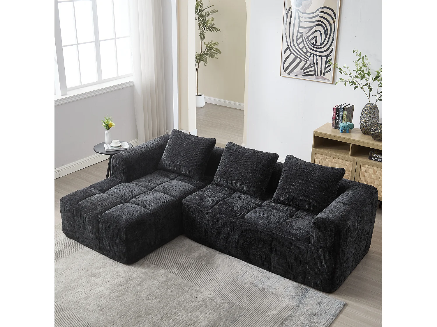 Canapé en L 3 places - 250 x 158 x 60 cm - avec méridienne + accoudoirs + 3 coussins - Chenille - noir