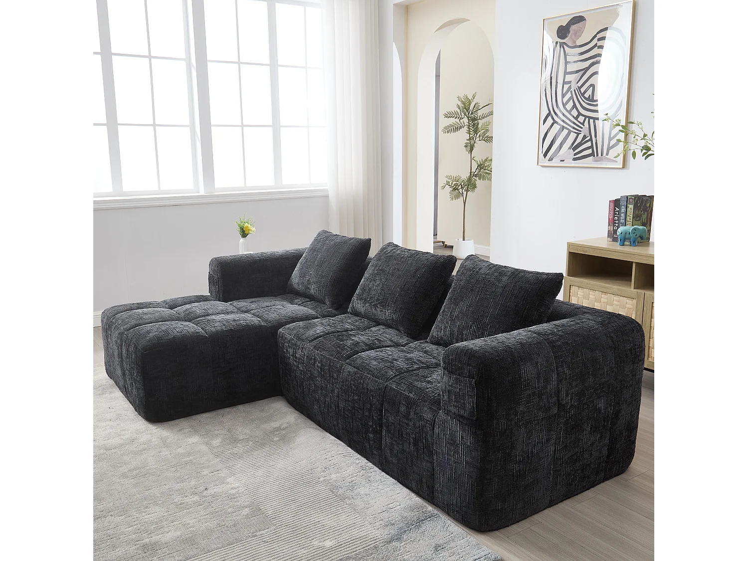 Canapé en L 3 places - 250 x 158 x 60 cm - avec méridienne + accoudoirs + 3 coussins - Chenille - noir