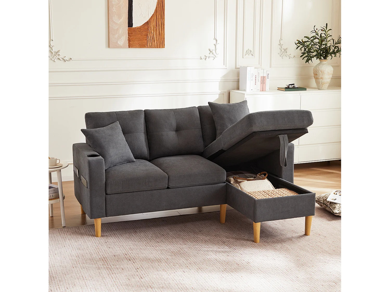 Canapé 3 places avec méridienne - 175 x 129 x 90 cm - avec rangement + 2 oreillers - coton + lin - gris foncé