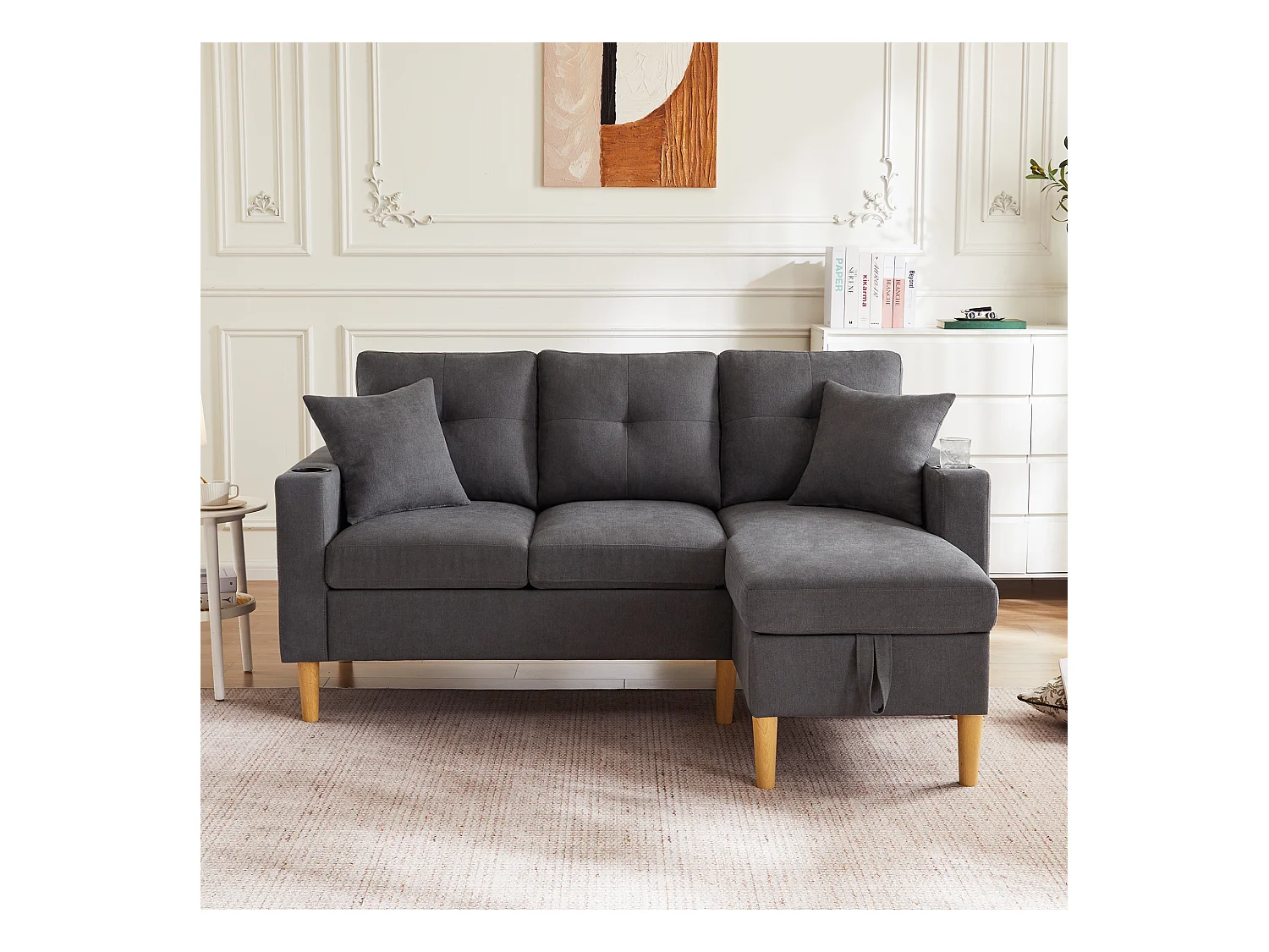 Canapé 3 places avec méridienne - 175 x 129 x 90 cm - avec rangement + 2 oreillers - coton + lin - gris foncé