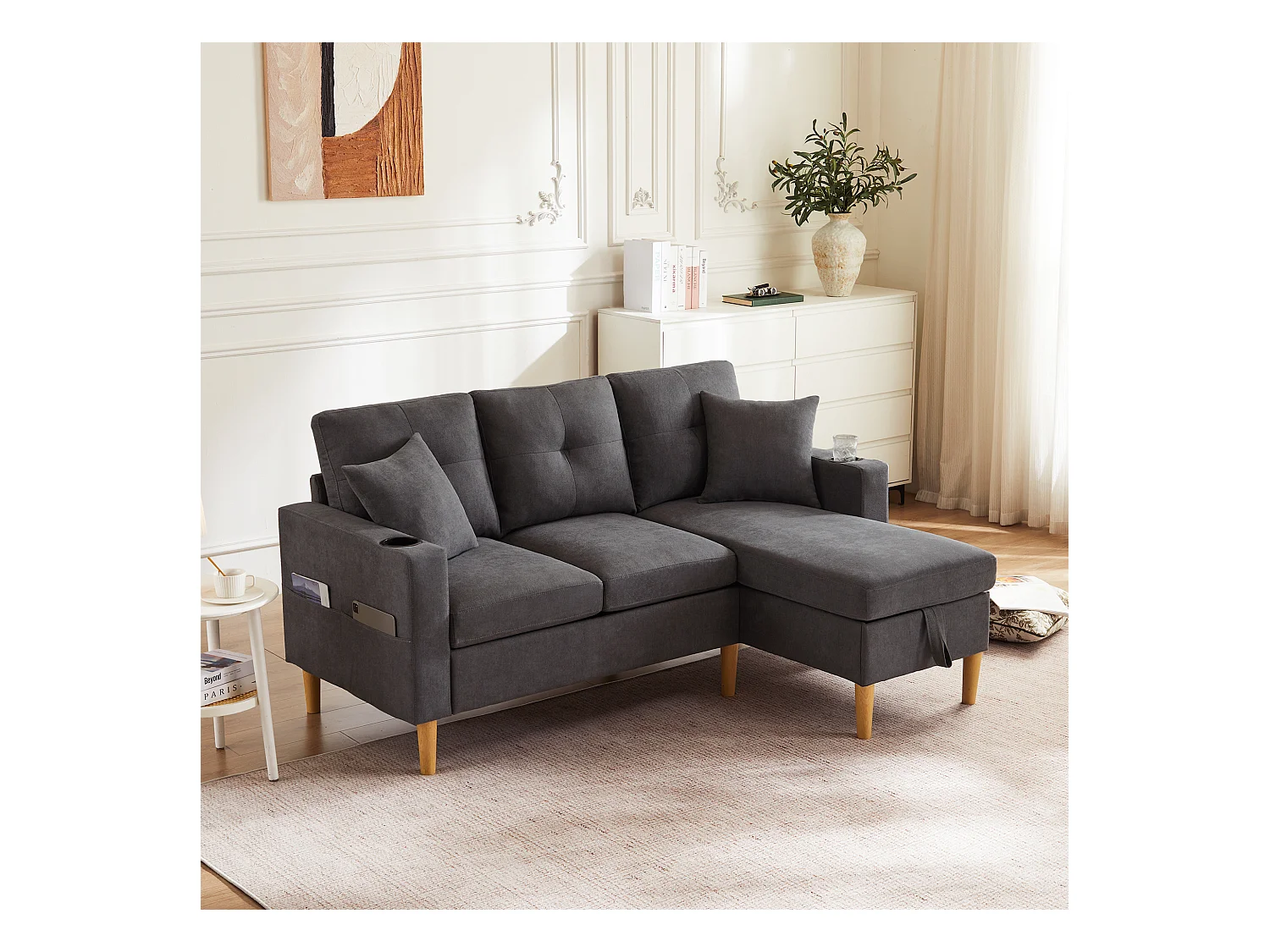 Canapé 3 places avec méridienne - 175 x 129 x 90 cm - avec rangement + 2 oreillers - coton + lin - gris foncé