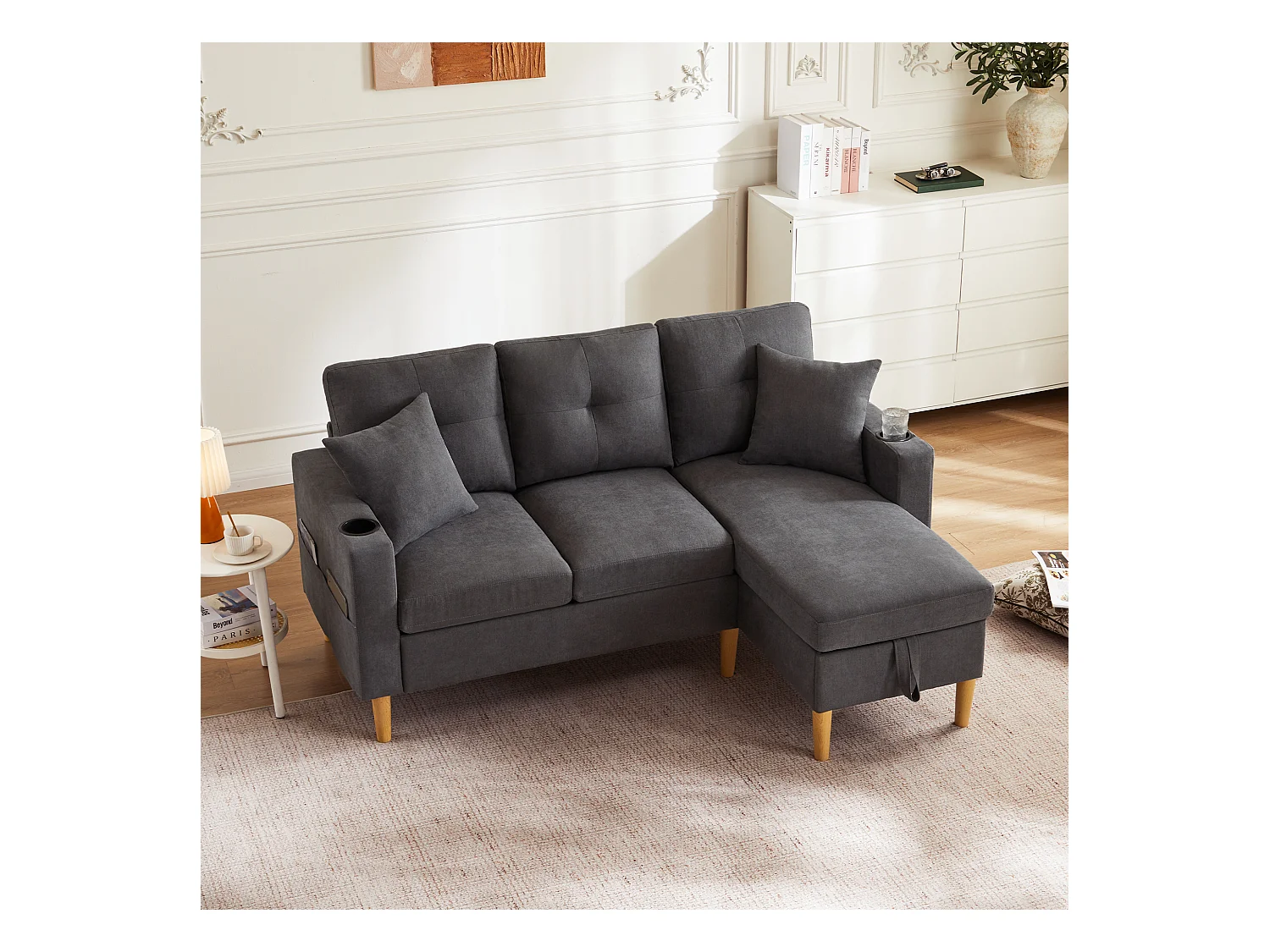 Canapé 3 places avec méridienne - 175 x 129 x 90 cm - avec rangement + 2 oreillers - coton + lin - gris foncé