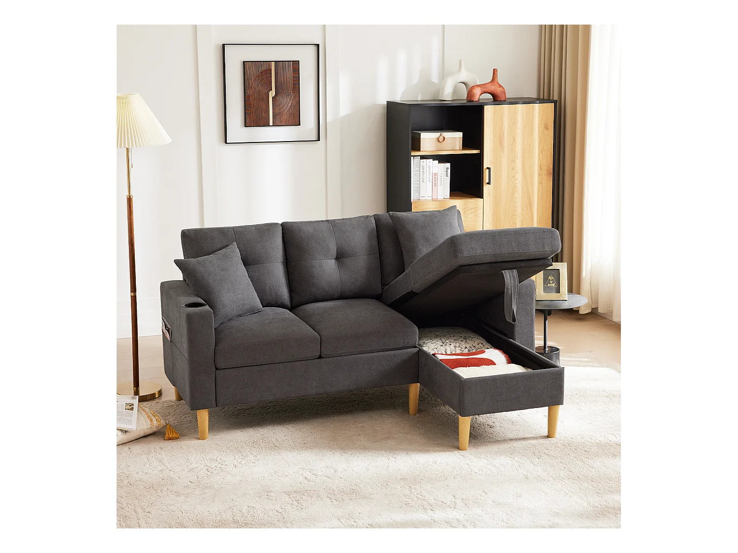 Canapé 3 places avec méridienne - 175 x 129 x 90 cm - avec rangement + 2 oreillers - coton + lin - gris foncé