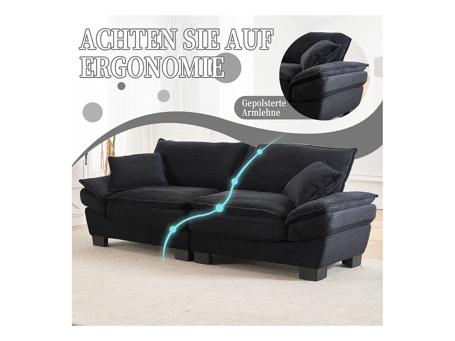 Canapé double moderne et simple - 224 x 81 x 81 cm  - avec une couette - velours - noir