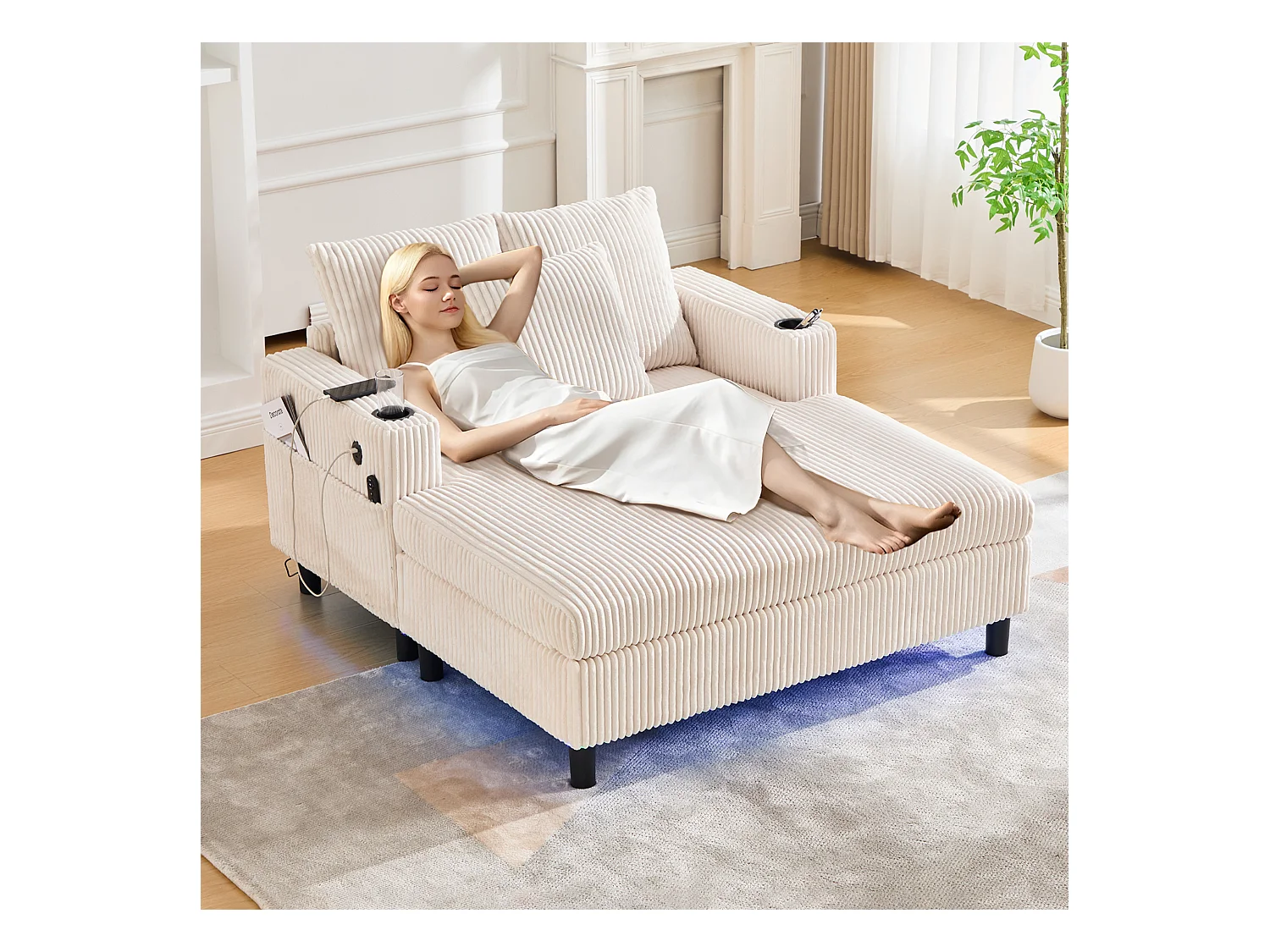 Canapé couchage 3 places - 142 x 128 x 85 cm - avec porte-gobelets + ports USB + Leds - velours - beige