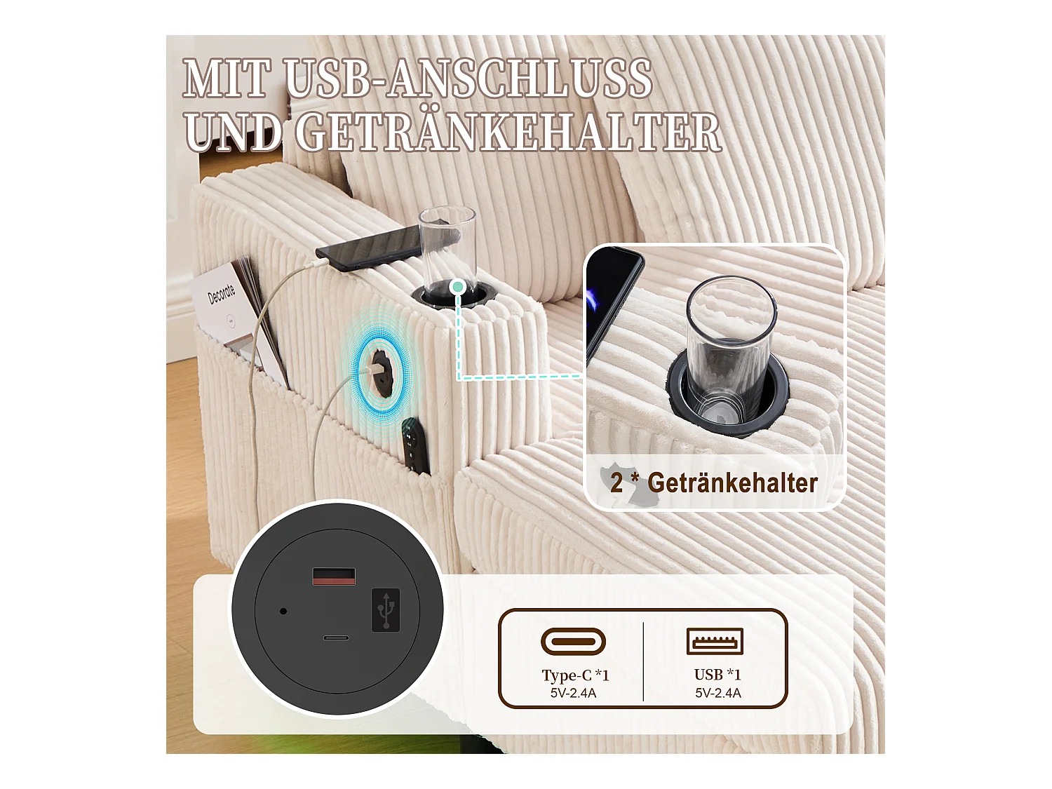 Canapé couchage 3 places - 142 x 128 x 85 cm - avec porte-gobelets + ports USB + Leds - velours - beige