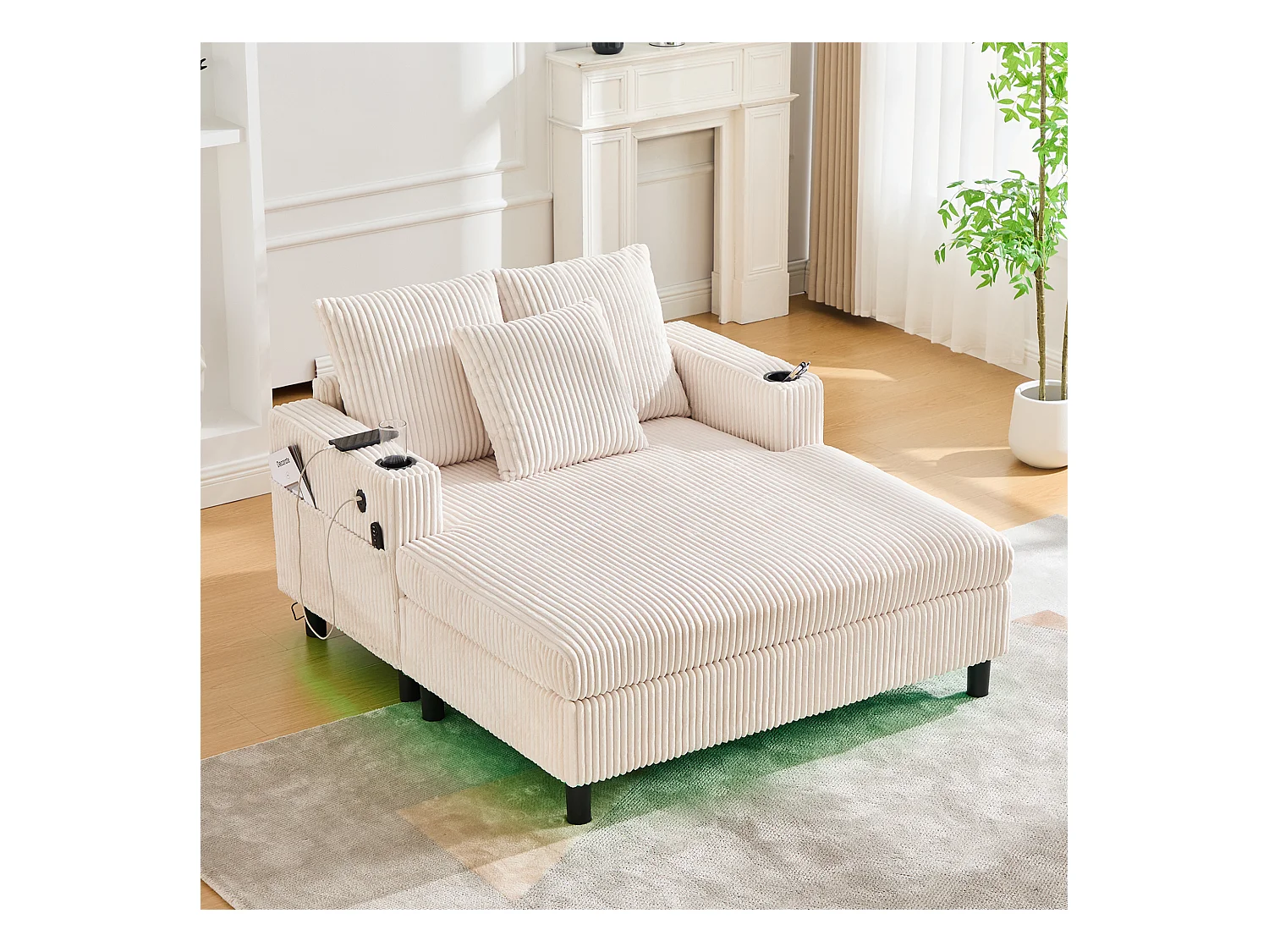 Canapé couchage 3 places - 142 x 128 x 85 cm - avec porte-gobelets + ports USB + Leds - velours - beige