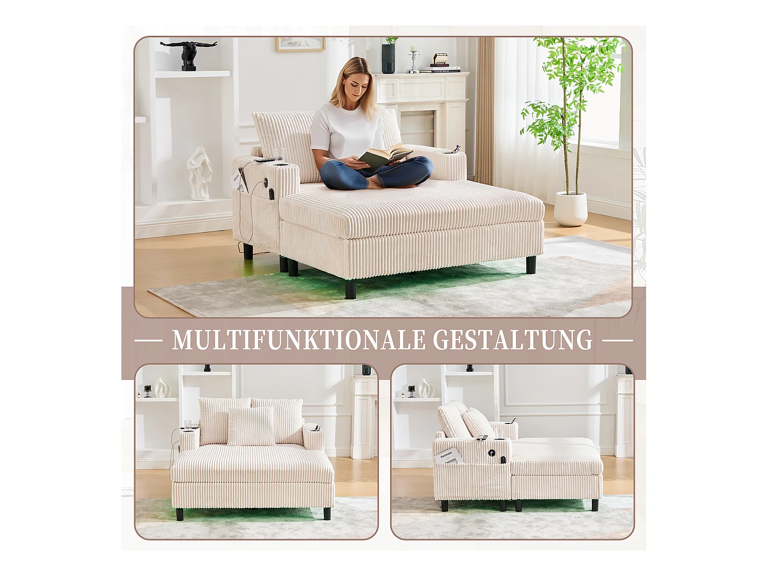 Canapé couchage 3 places - 142 x 128 x 85 cm - avec porte-gobelets + ports USB + Leds - velours - beige