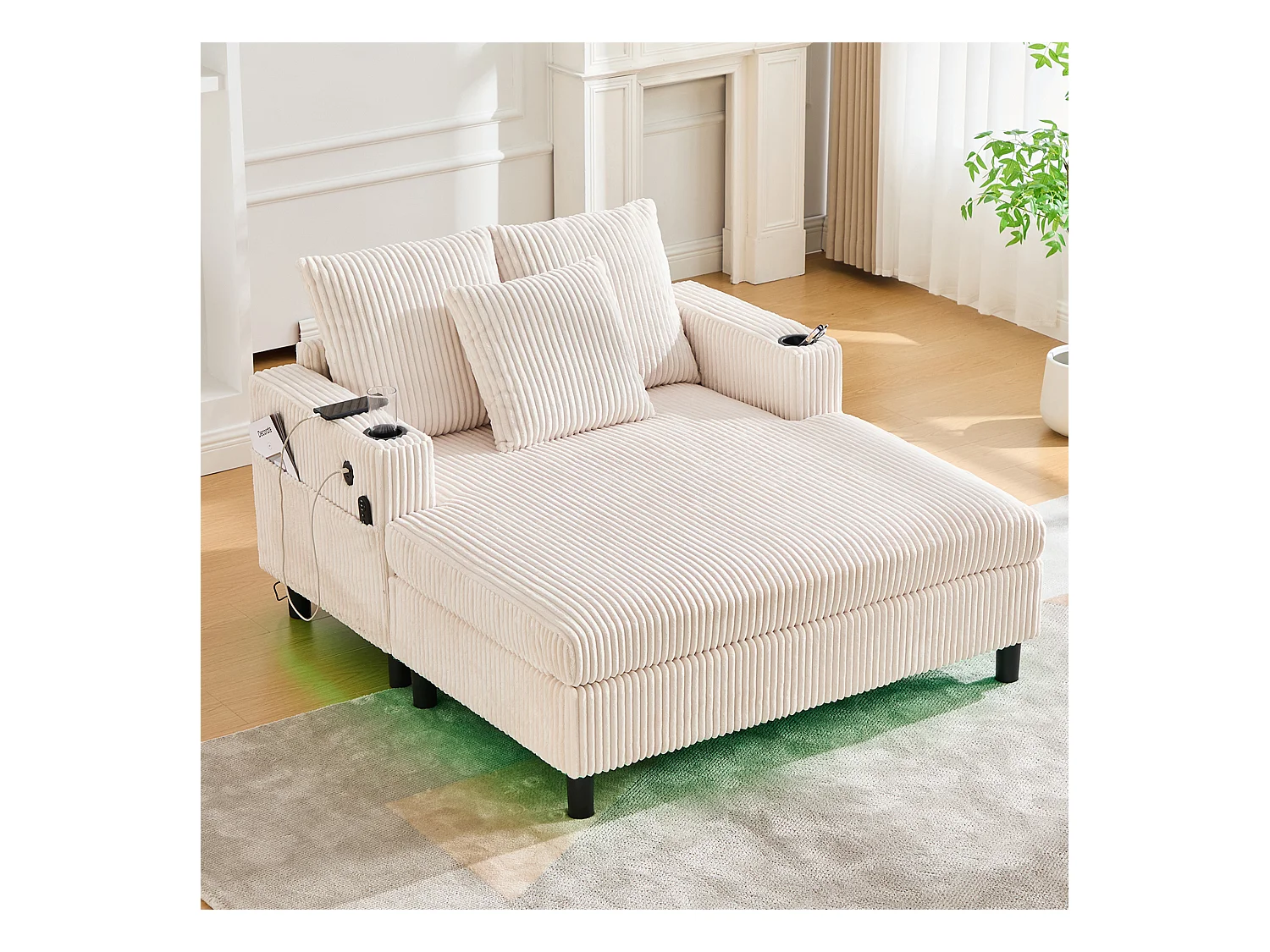 3-Sitzer-Schlafsofa - 142 x 128 x 85 cm - mit Getränkehaltern + USB-Anschlüssen + LEDs - Samt - Beige