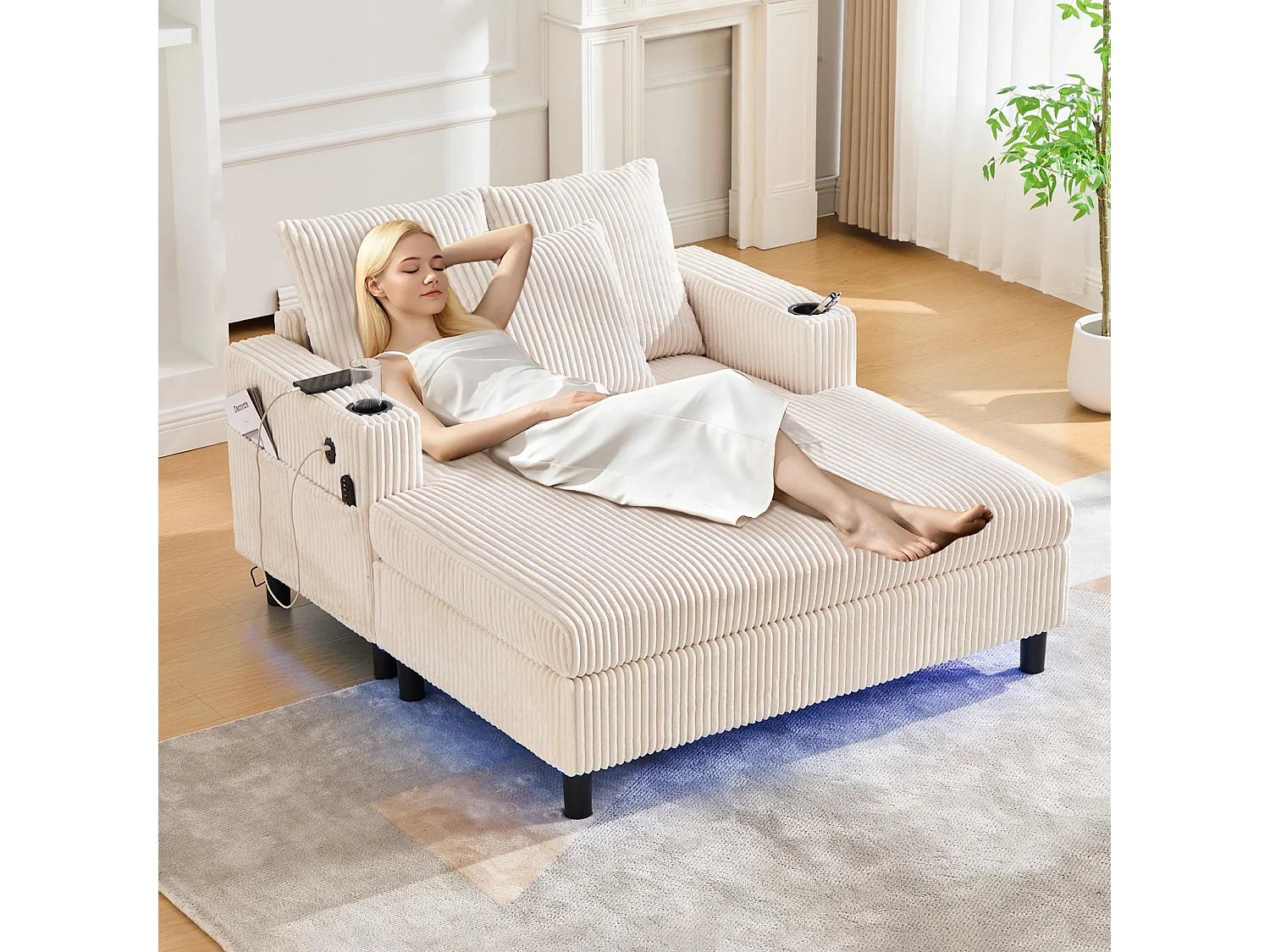 Canapé couchage 3 places - 142 x 128 x 85 cm - avec porte-gobelets + ports USB + Leds - velours - beige