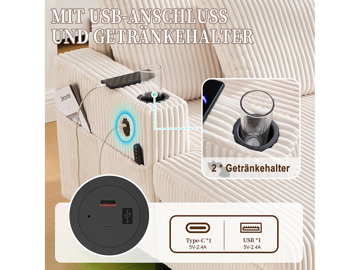 Canapé couchage 3 places - 142 x 128 x 85 cm - avec porte-gobelets + ports USB + Leds - velours - beige