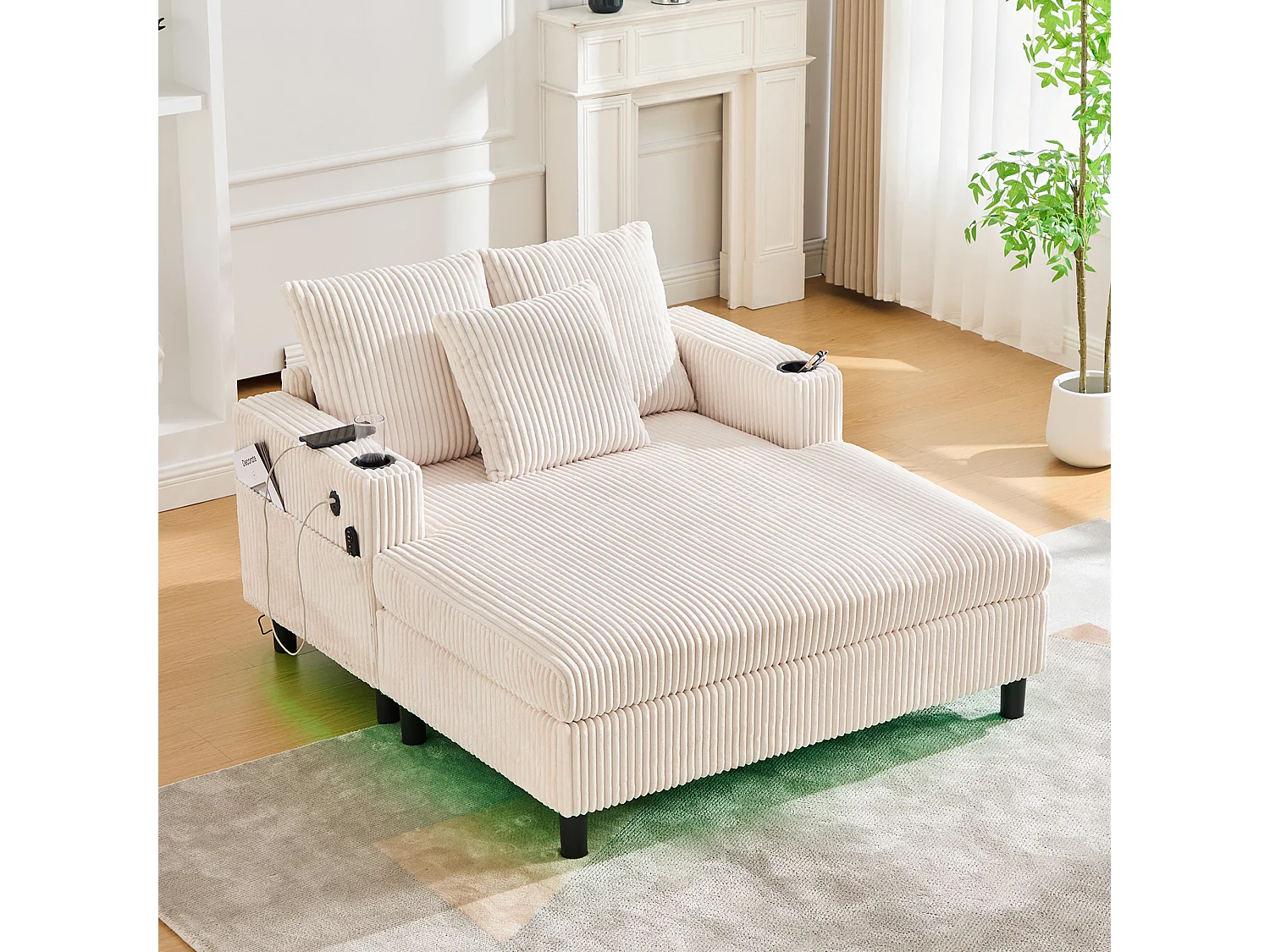 Canapé couchage 3 places - 142 x 128 x 85 cm - avec porte-gobelets + ports USB + Leds - velours - beige