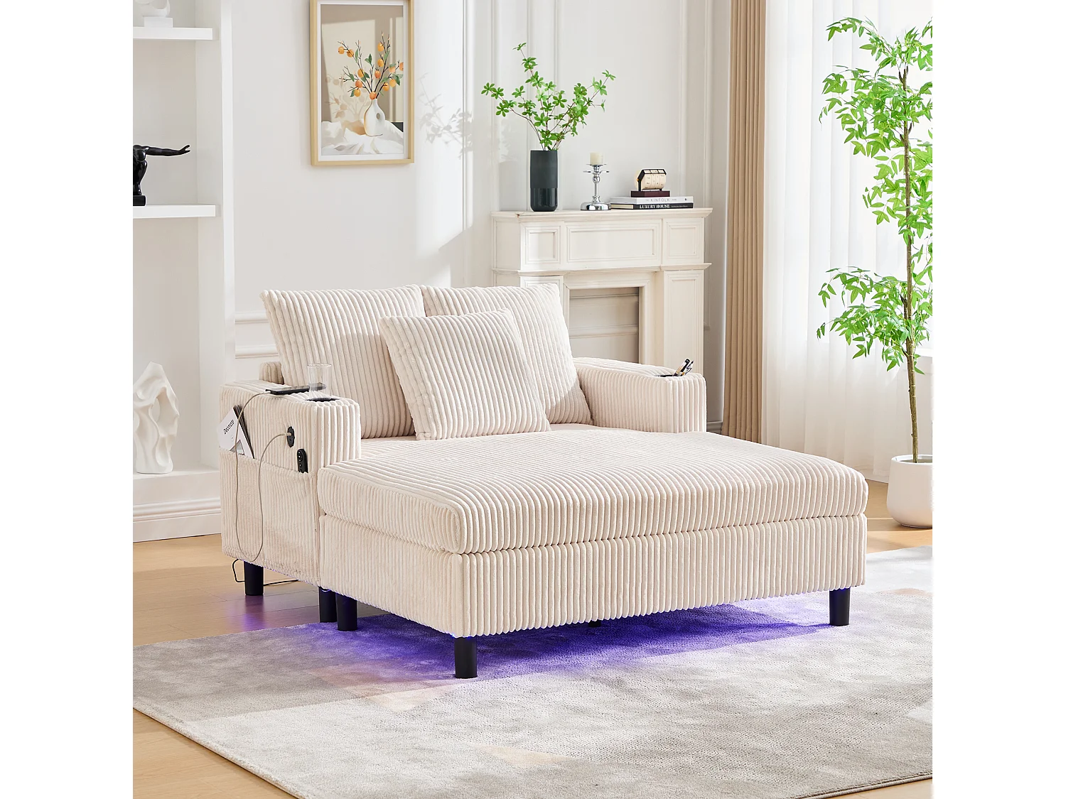 Canapé couchage 3 places - 142 x 128 x 85 cm - avec porte-gobelets + ports USB + Leds - velours - beige