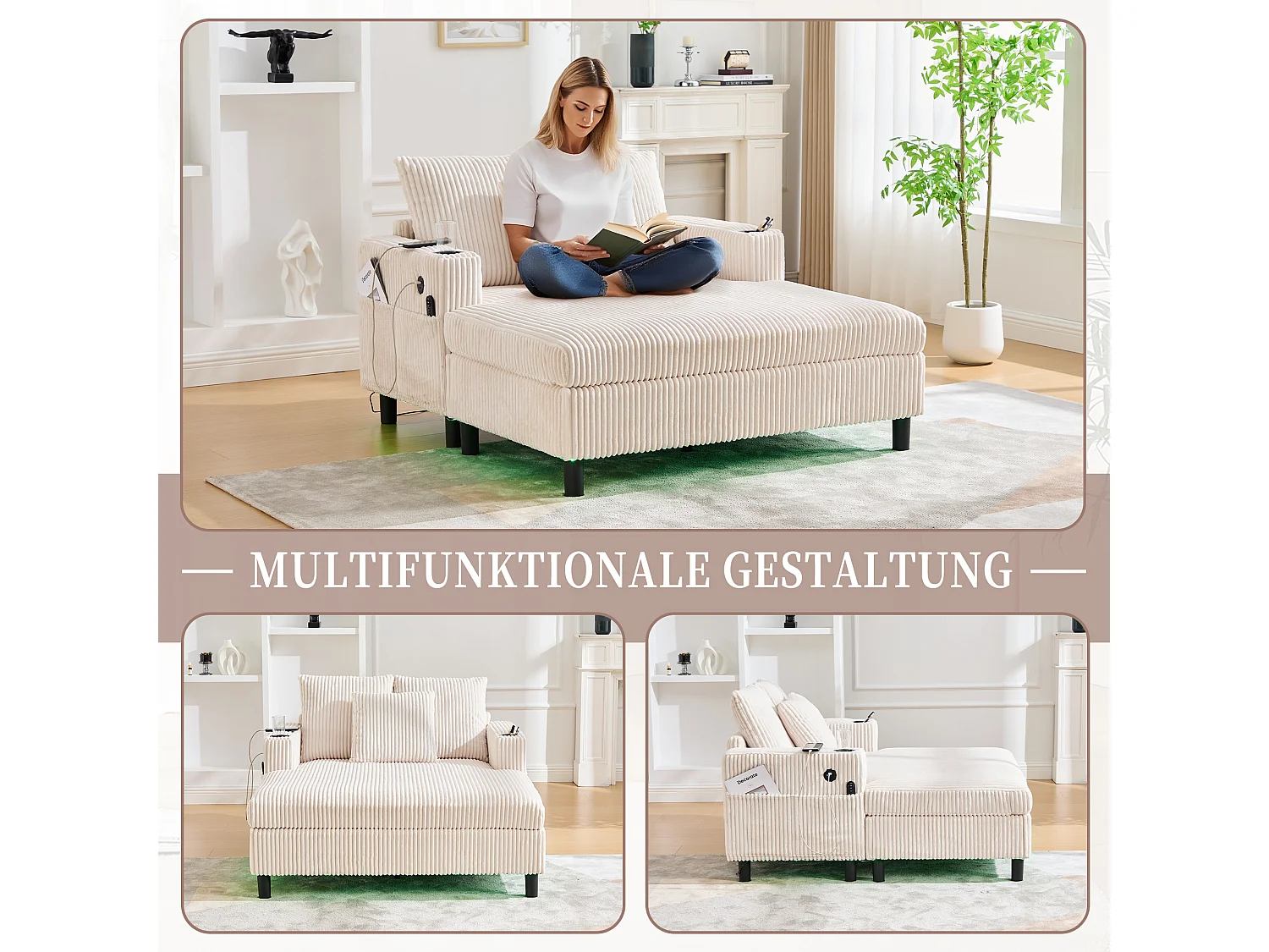 Canapé couchage 3 places - 142 x 128 x 85 cm - avec porte-gobelets + ports USB + Leds - velours - beige