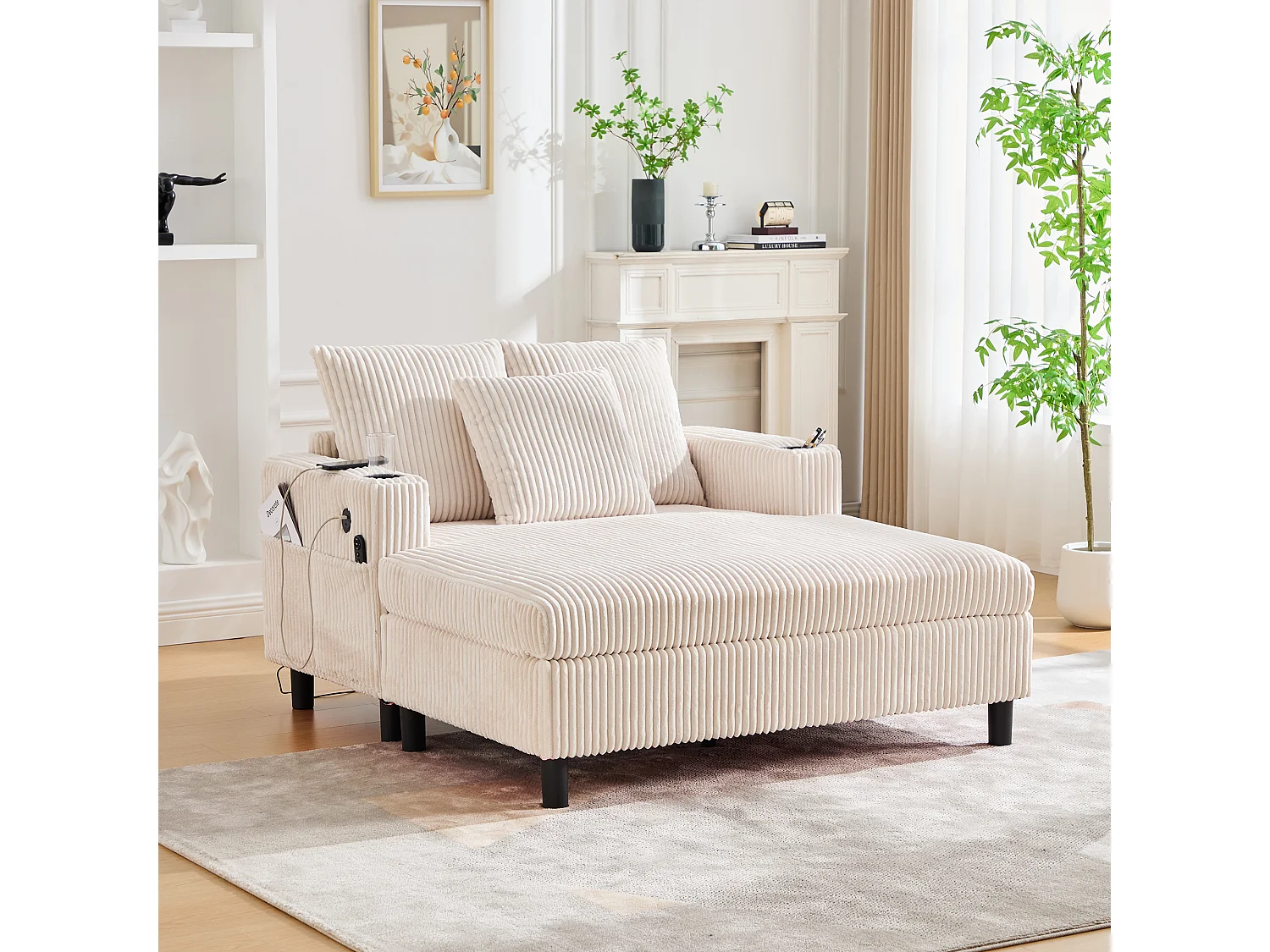 Canapé couchage 3 places - 142 x 128 x 85 cm - avec porte-gobelets + ports USB + Leds - velours - beige