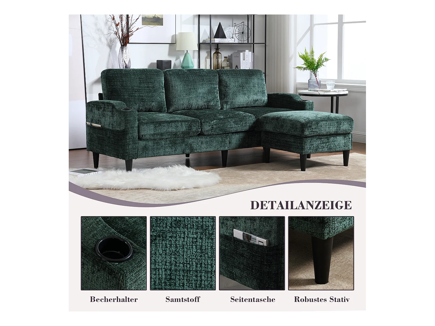 Canapé avec repose-pieds 4 places - 196.5 x 75 x 77 cm - avec rangement + accoudoirs - velours - vert foncé