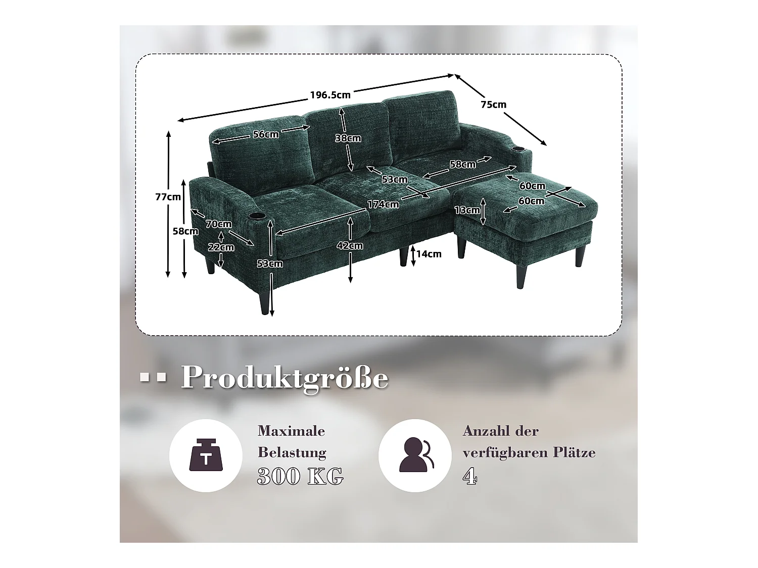 Canapé avec repose-pieds 4 places - 196.5 x 75 x 77 cm - avec rangement + accoudoirs - velours - vert foncé