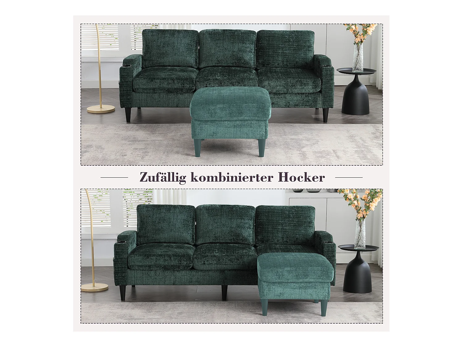 Canapé avec repose-pieds 4 places - 196.5 x 75 x 77 cm - avec rangement + accoudoirs - velours - vert foncé