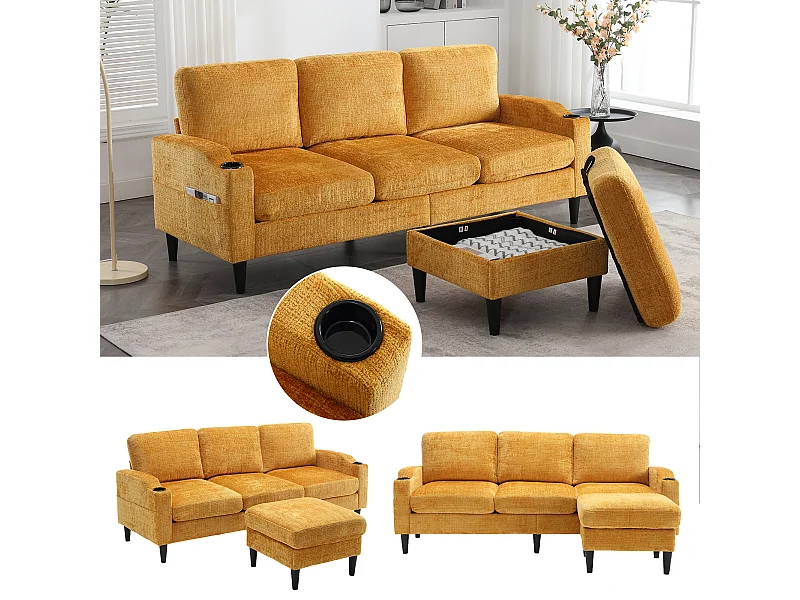 Canapé avec repose-pieds 4 places - 196.5 x 75 x 77 cm - avec rangement + accoudoirs - velours - Jaune