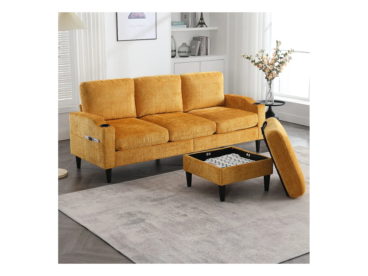 Canapé avec repose-pieds 4 places - 196.5 x 75 x 77 cm - avec rangement + accoudoirs - velours - Jaune