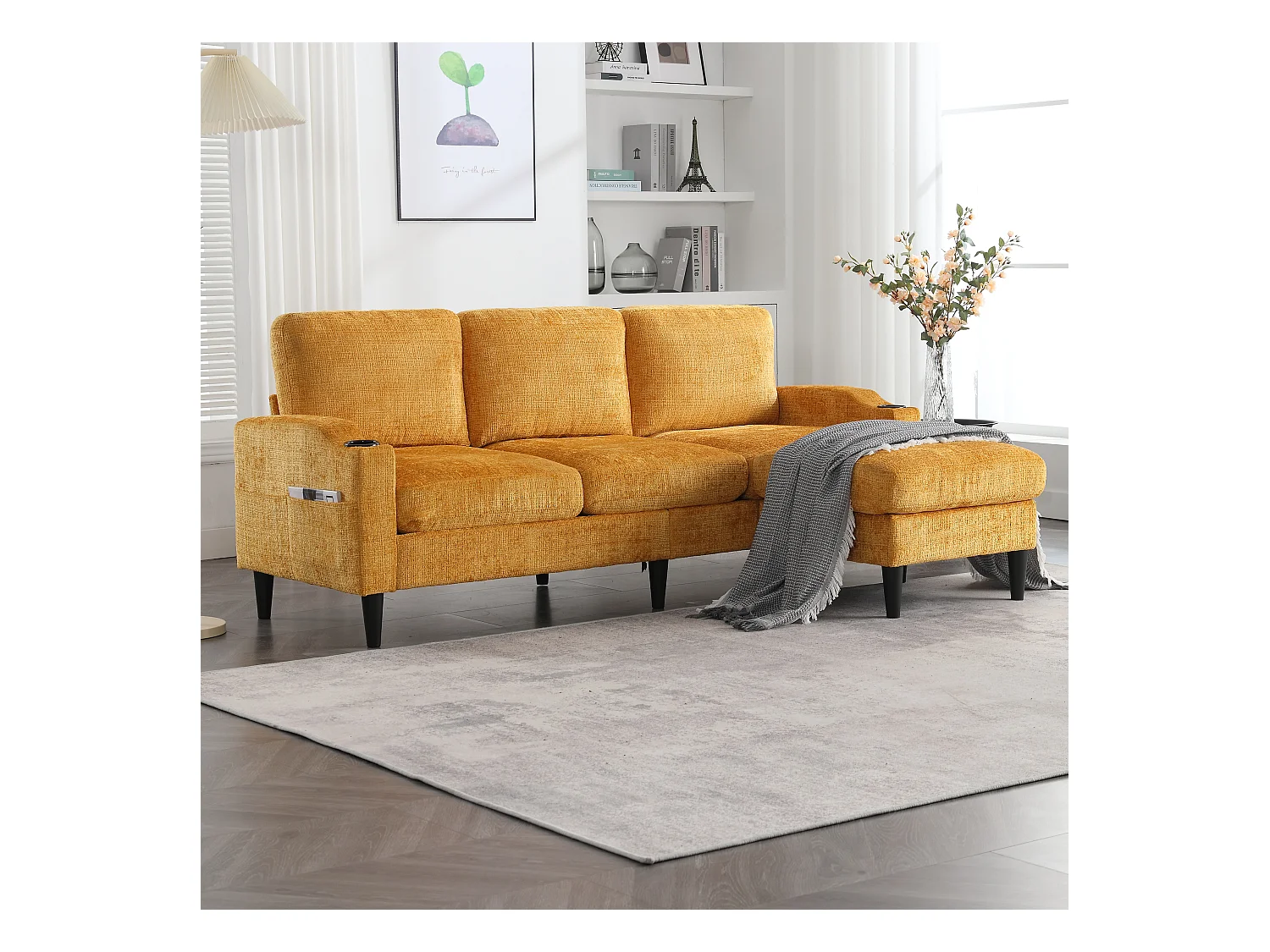 Canapé avec repose-pieds 4 places - 196.5 x 75 x 77 cm - avec rangement + accoudoirs - velours - Jaune