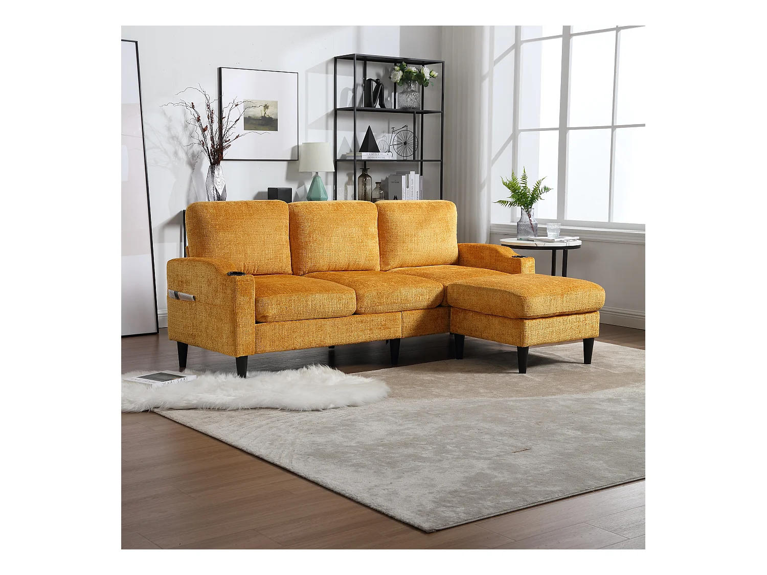 Canapé avec repose-pieds 4 places - 196.5 x 75 x 77 cm - avec rangement + accoudoirs - velours - Jaune