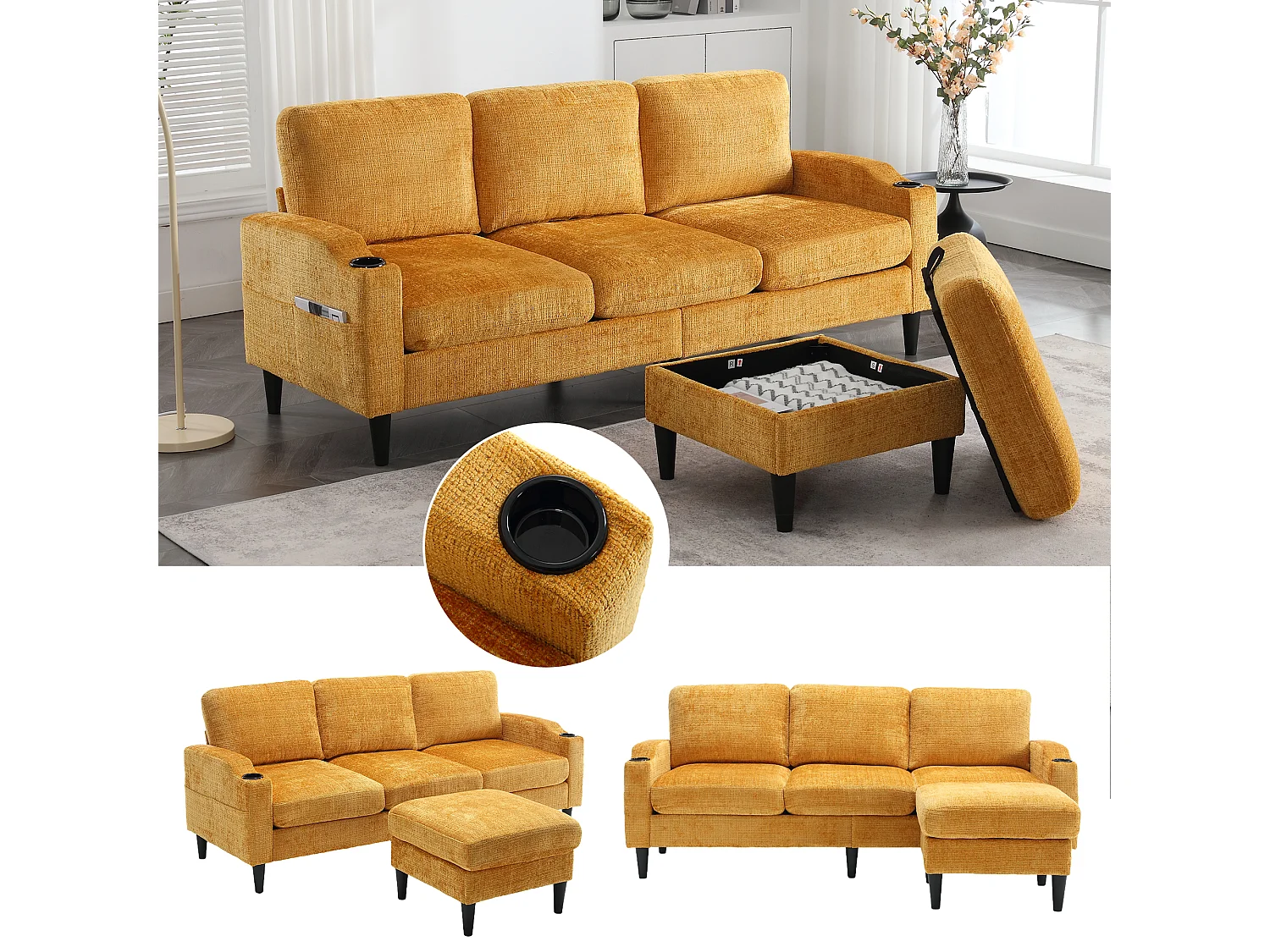 Canapé avec repose-pieds 4 places - 196.5 x 75 x 77 cm - avec rangement + accoudoirs - velours - Jaune