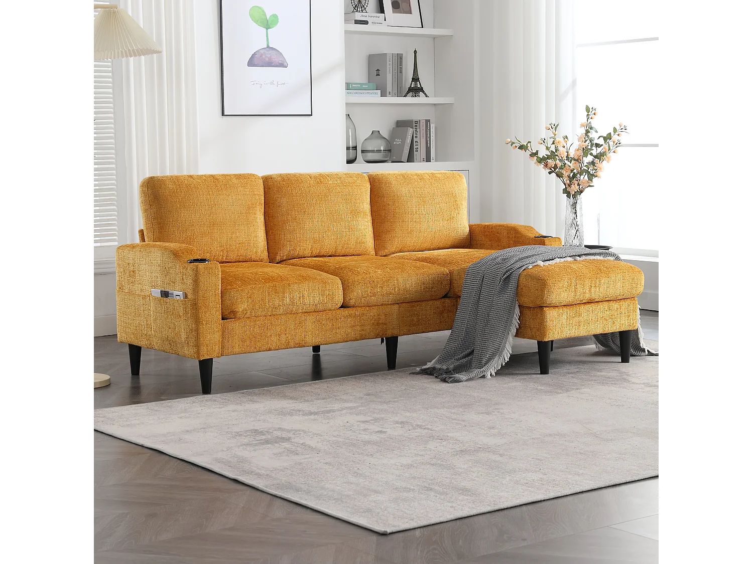 Canapé avec repose-pieds 4 places - 196.5 x 75 x 77 cm - avec rangement + accoudoirs - velours - Jaune